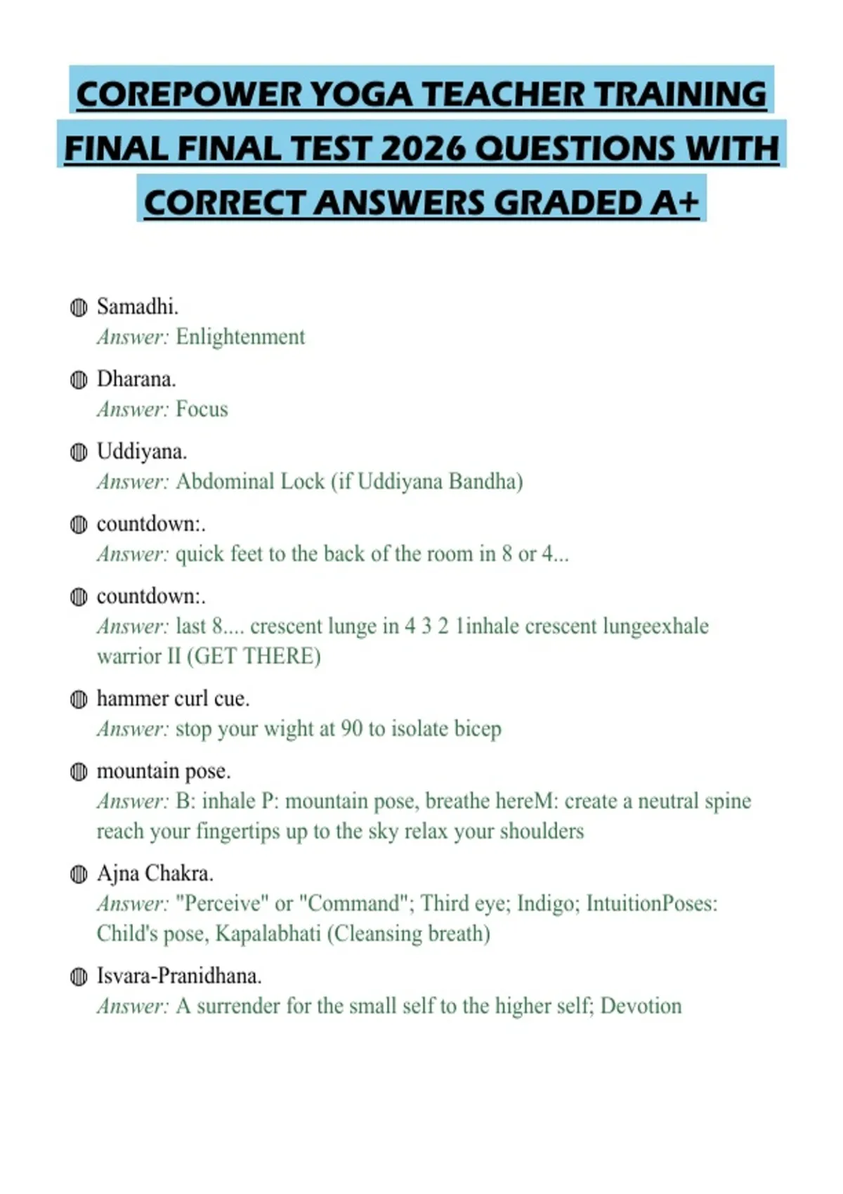 COREPOWER YOGA TEACHER TRAINING FINAL FINAL TEST 2026 QUESTIONS WITH ...