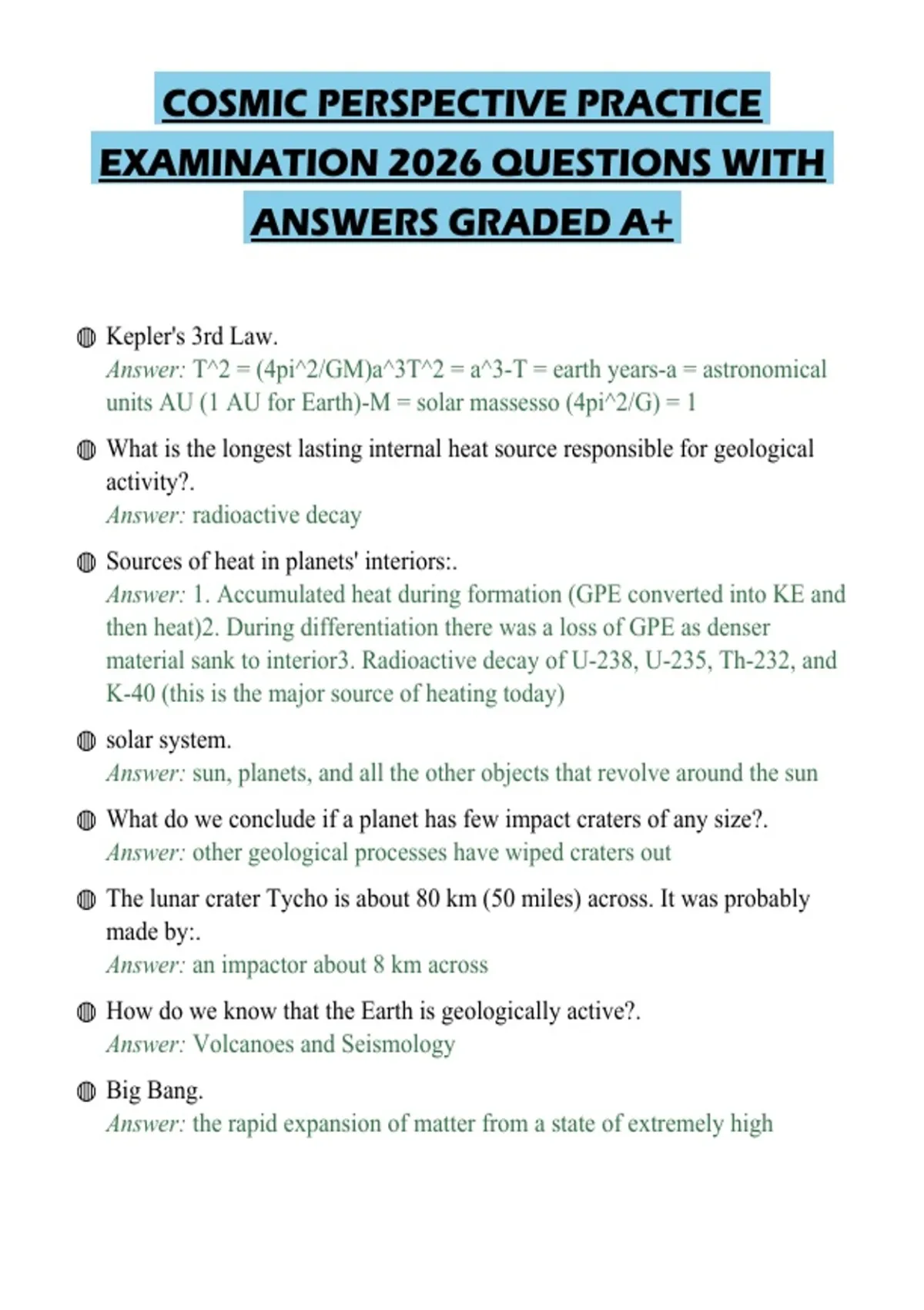 COSMIC PERSPECTIVE PRACTICE EXAMINATION 2026 QUESTIONS WITH ANSWERS ...