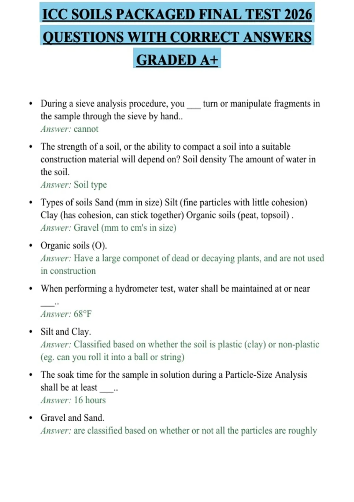 Soil Sample Questions ICC SOILS PACKAGED FINAL TEST 2026 QUESTIONS WITH CORRECT ANSWERS ...