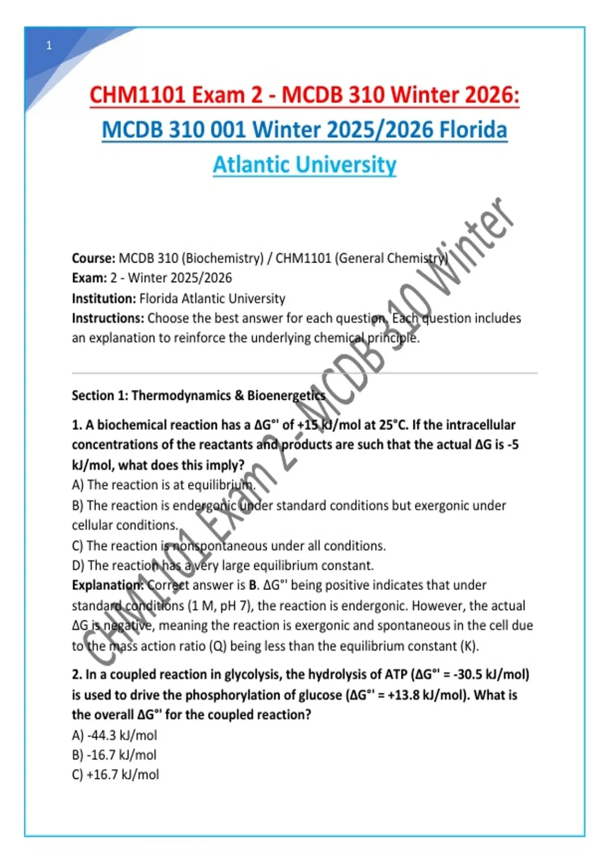 CHM1101 Exam 2 - MCDB 310 Winter 2026: MCDB 310 001 Winter 2025/2026 ...