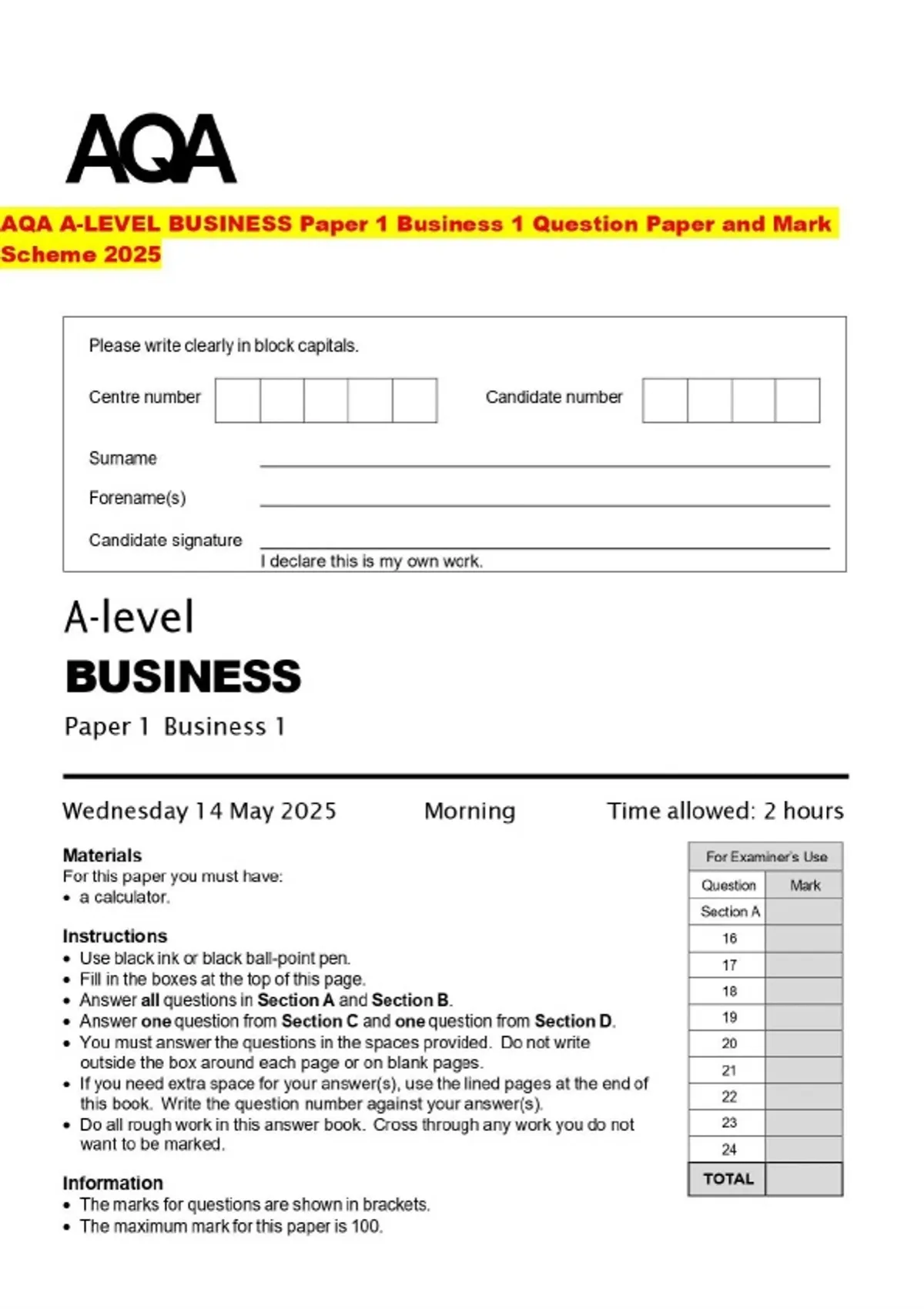 AQA A-LEVEL BUSINESS Paper 1 Business 1 Question Paper and Mark Scheme ...