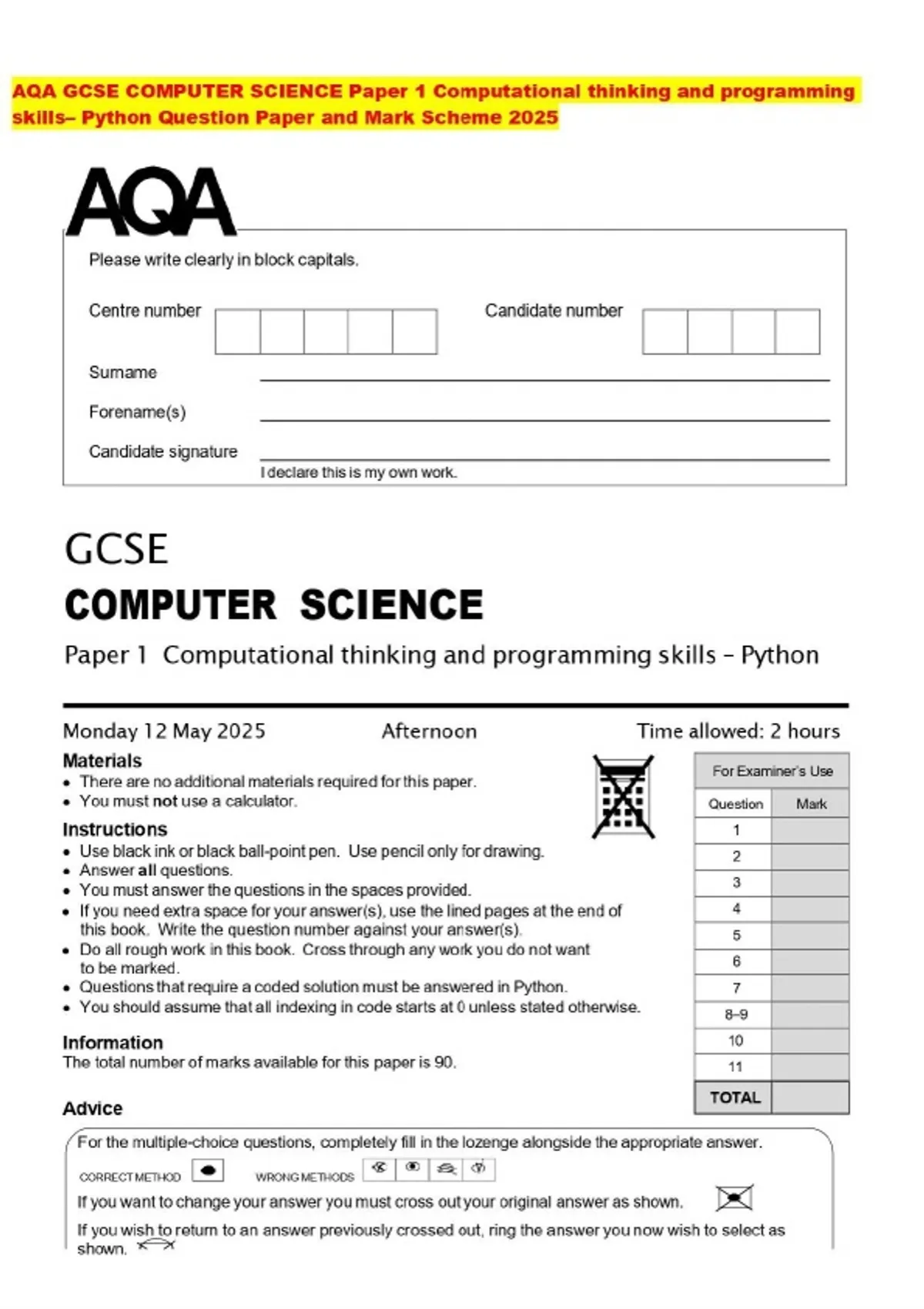 AQA GCSE COMPUTER SCIENCE Paper 1 Computational thinking and ...