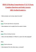 HESI A2 Reading Comprehension V1 & V2 Actual 2026 &sol; 2027 Questions with Verified Answers Grade A&plus; Guarantee