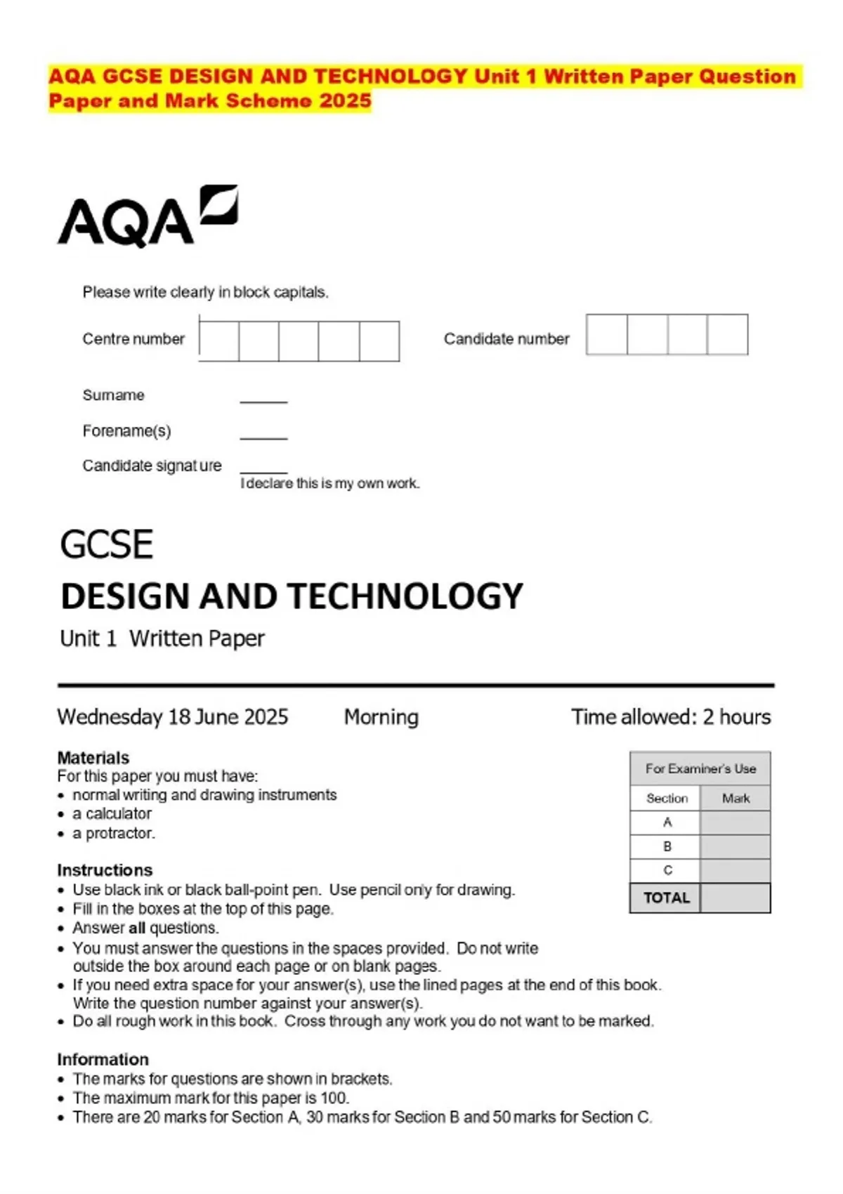AQA GCSE DESIGN AND TECHNOLOGY Unit 1 Written Paper Question Paper and ...