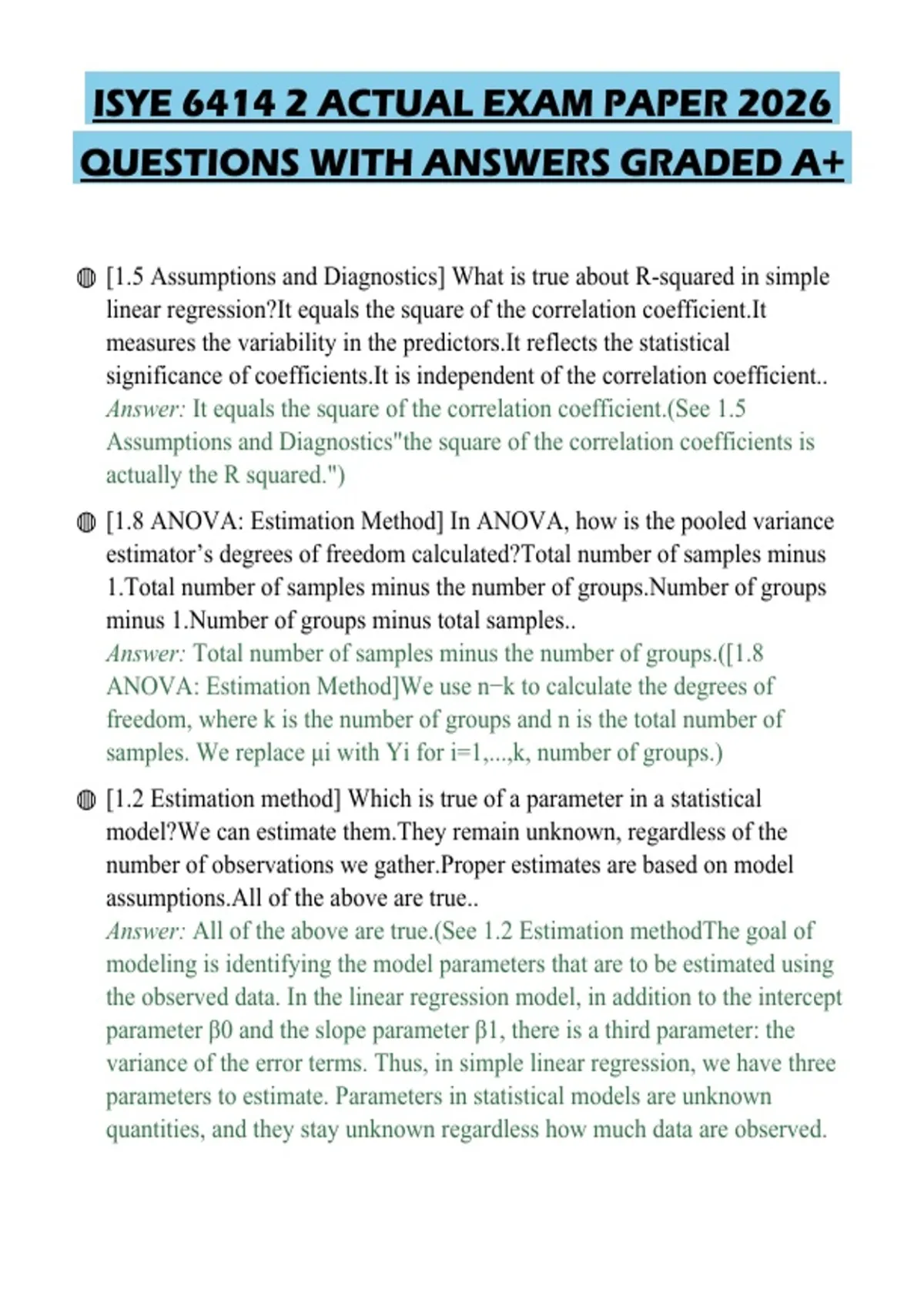 ISYE 6414 2 ACTUAL EXAM PAPER 2026 QUESTIONS WITH ANSWERS GRADED A ...