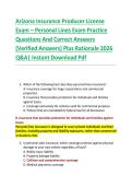 Arizona Insurance Producer License  Exam &ndash; Personal Lines Exam Practice  Questions And Correct Answers  &lpar;Verified Answers&rpar; Plus Rationale 2026  Q&A&vert; Instant Download Pdf 
