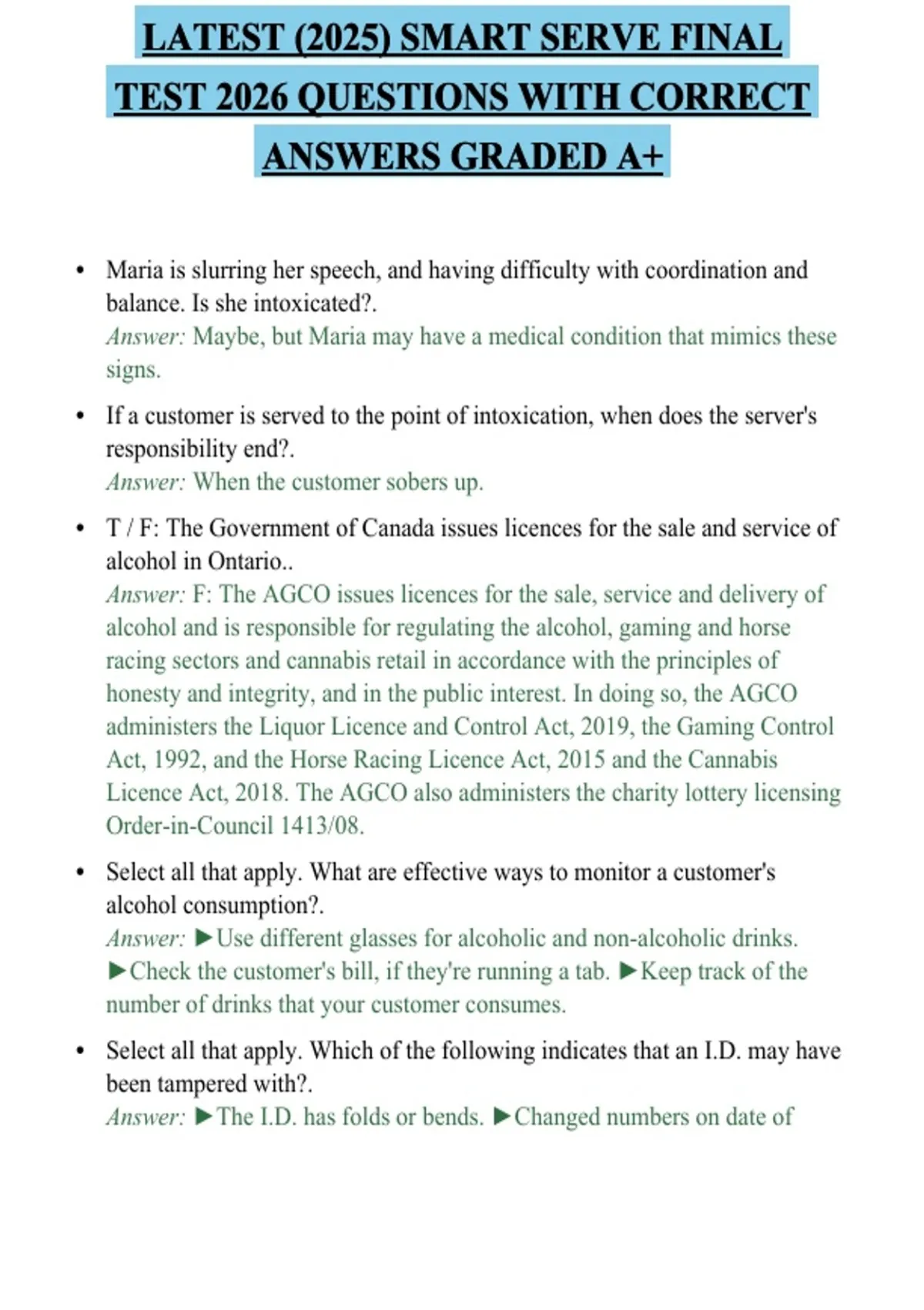 Smart R Answer LATEST (2025) SMART SERVE FINAL TEST 2026 QUESTIONS WITH CORRECT ...