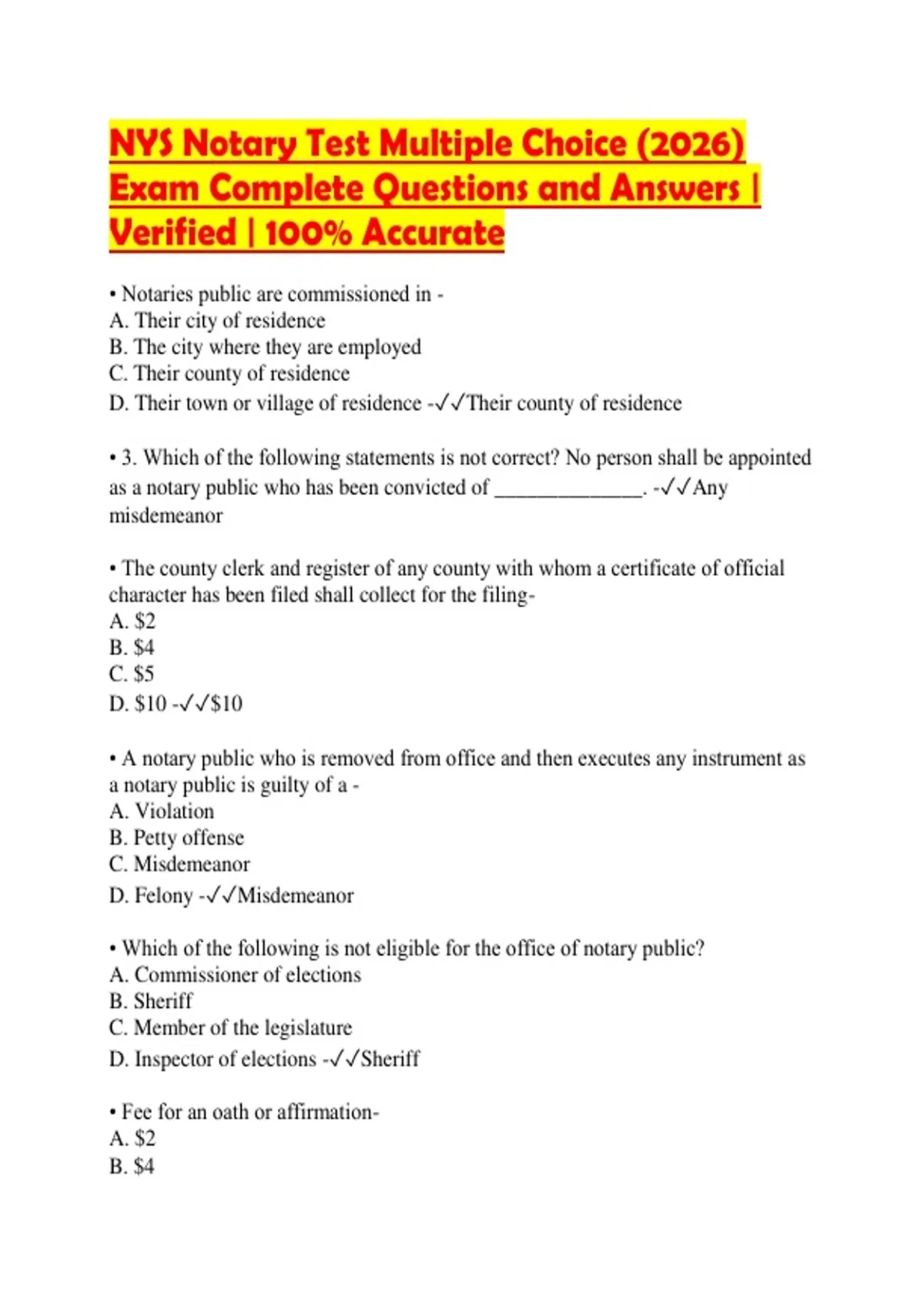 NYS Notary Test Multiple Choice (2026) Exam Complete Questions and ...