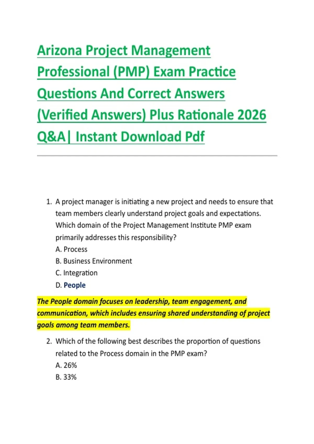 Arizona Project Management Professional (PMP) Exam Practice Questions ...