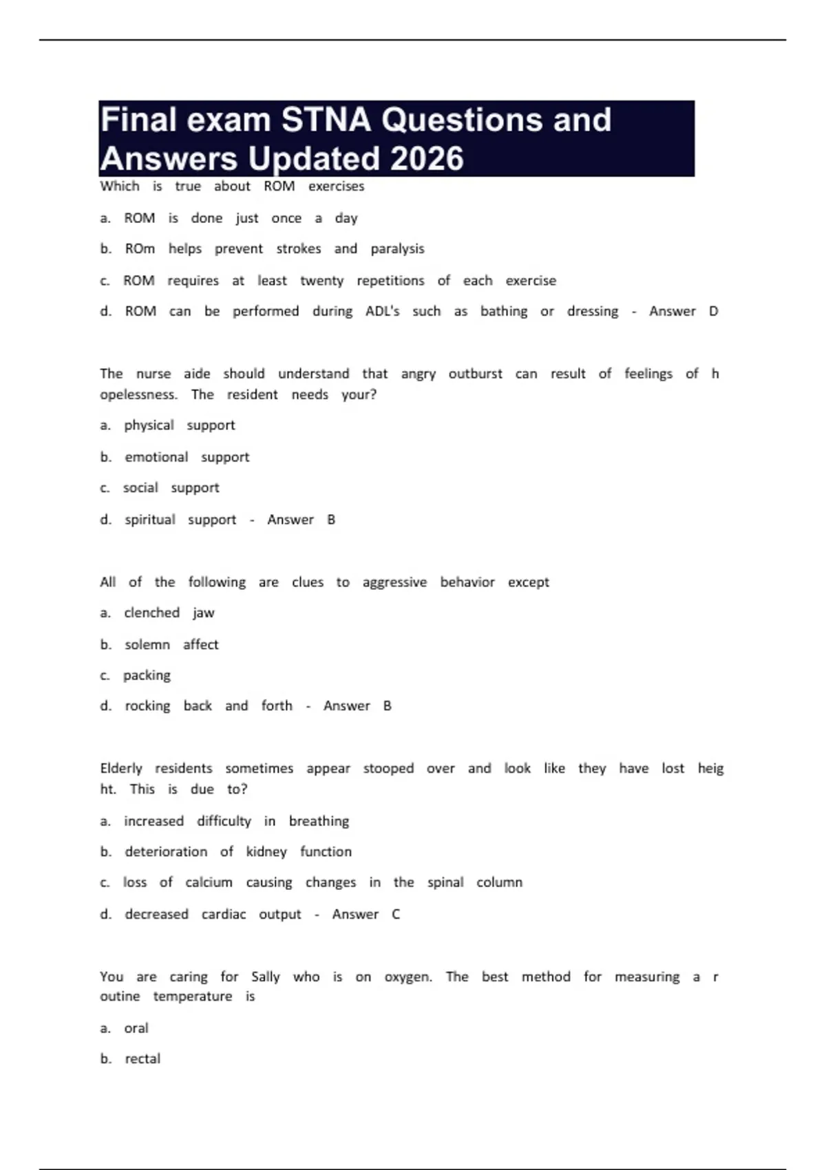 Stna Bit Final exam STNA Questions and Answers Updated 2026 - Stna - Stuvia US