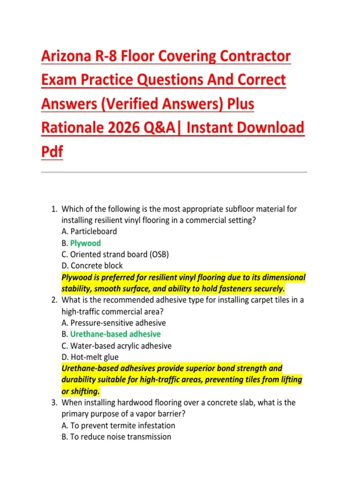 Arizona R-8 Floor Covering Contractor Exam Practice Questions And ...