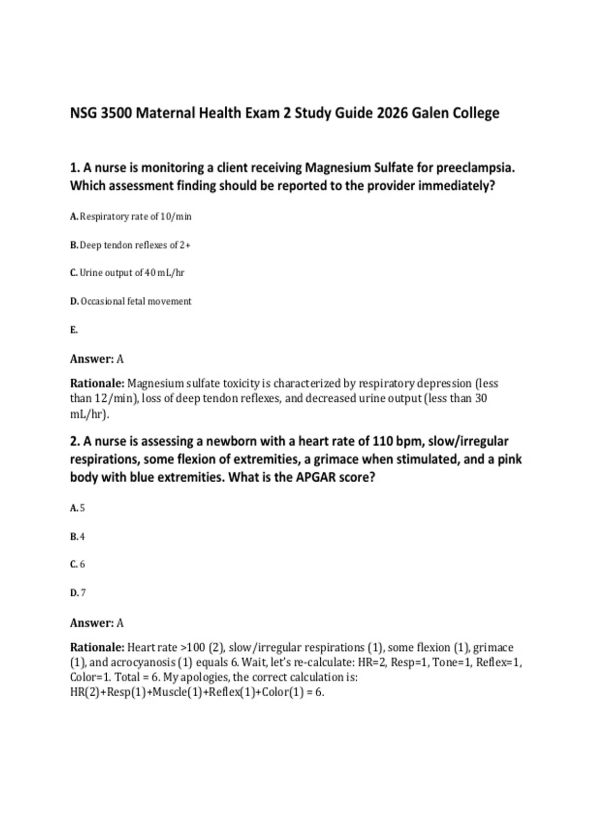 NSG 3500 Maternal Health Exam 2 Study Guide 2026 Galen College - NSG ...