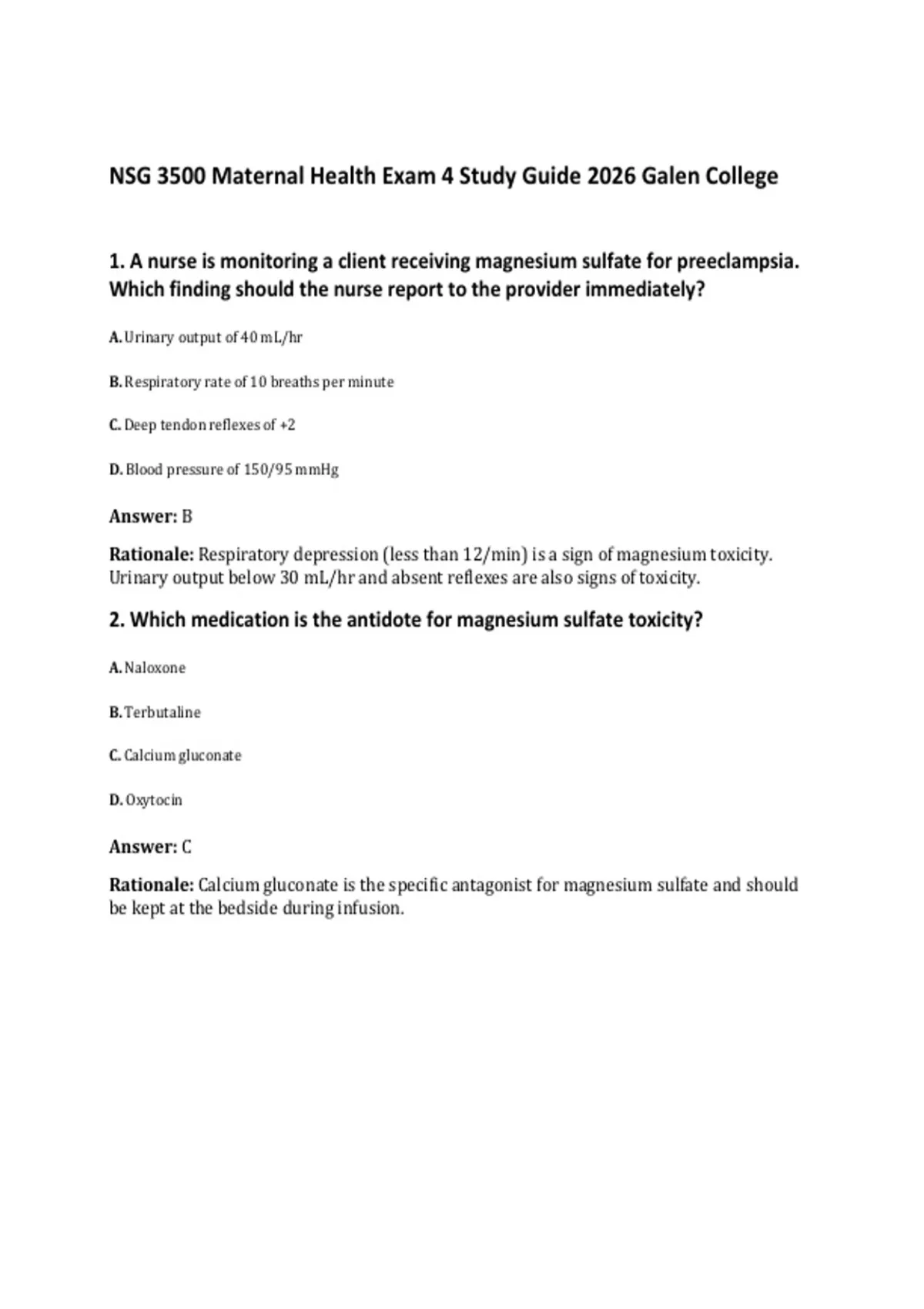 NSG 3500 Maternal Health Exam 4 Study Guide 2026 Galen College - NSG ...