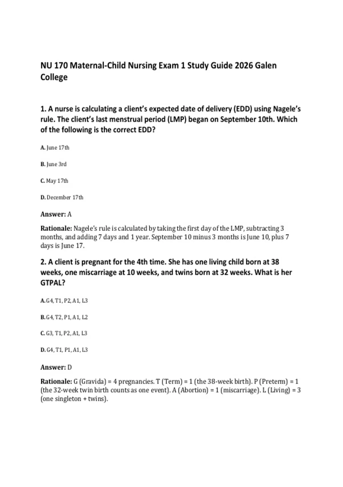 NU 170 Maternal-Child Nursing Exam 1 Study Guide 2026 Galen College ...