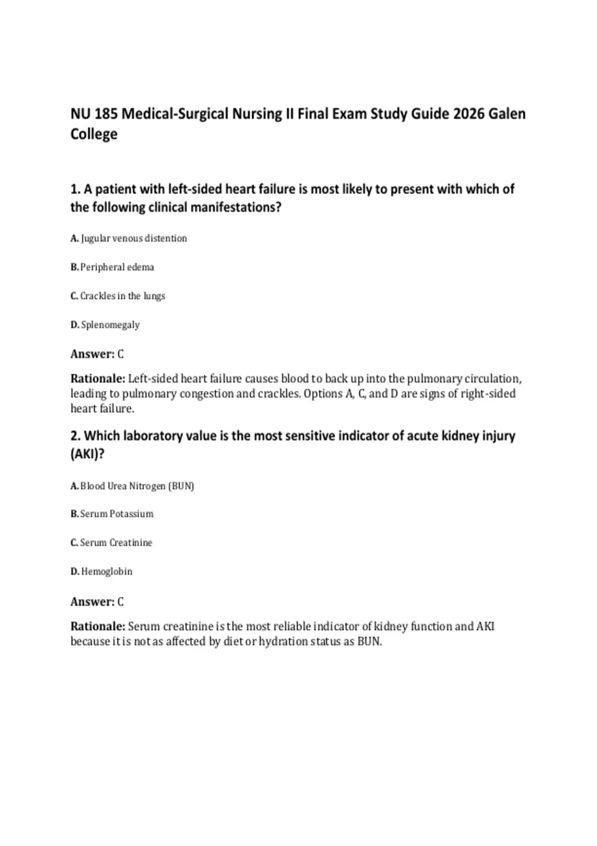 NU 185 Medical-Surgical Nursing II Final Exam Study Guide 2026 Galen ...