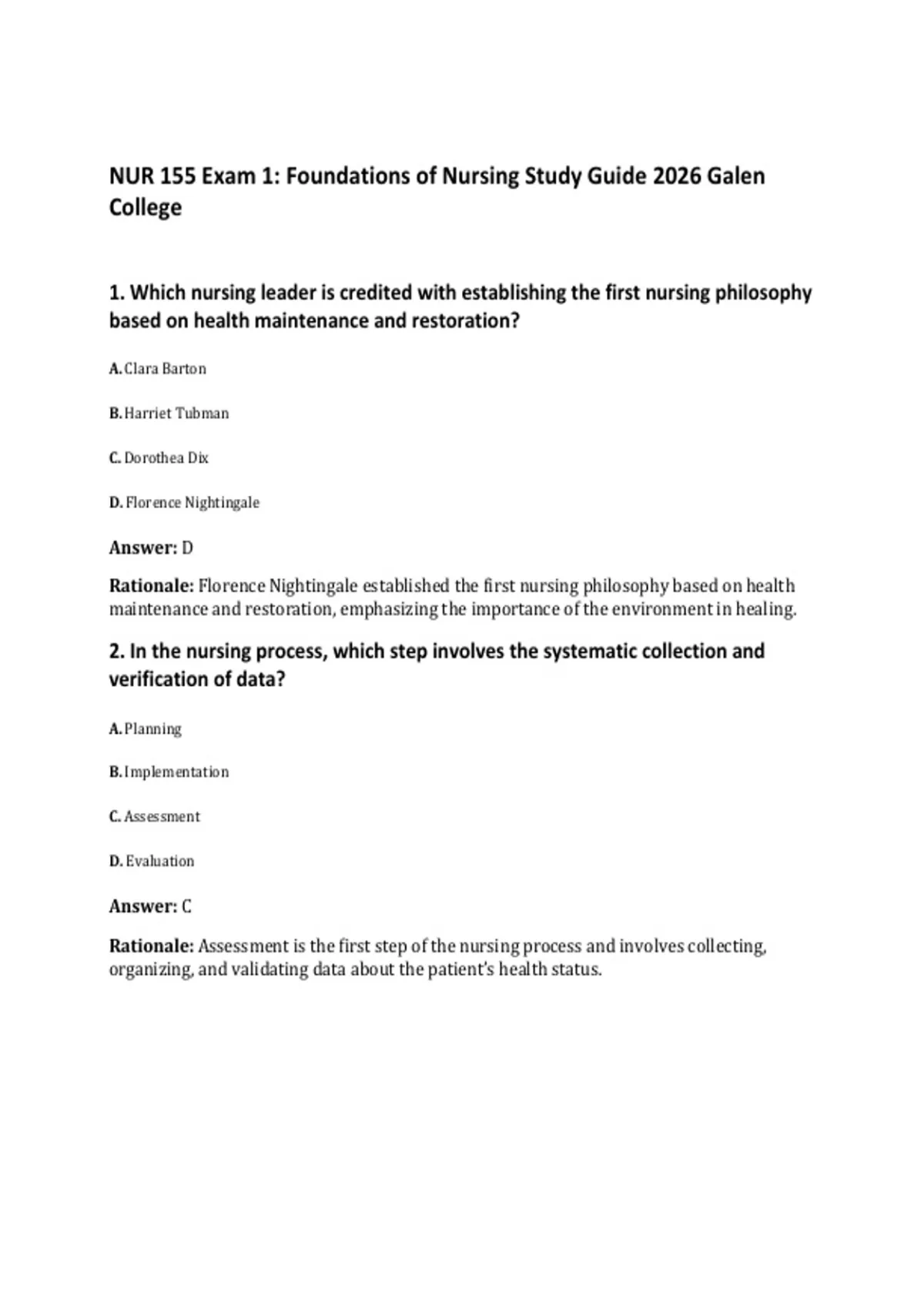 NUR 155 Exam 1: Foundations of Nursing Study Guide 2026 Galen College ...