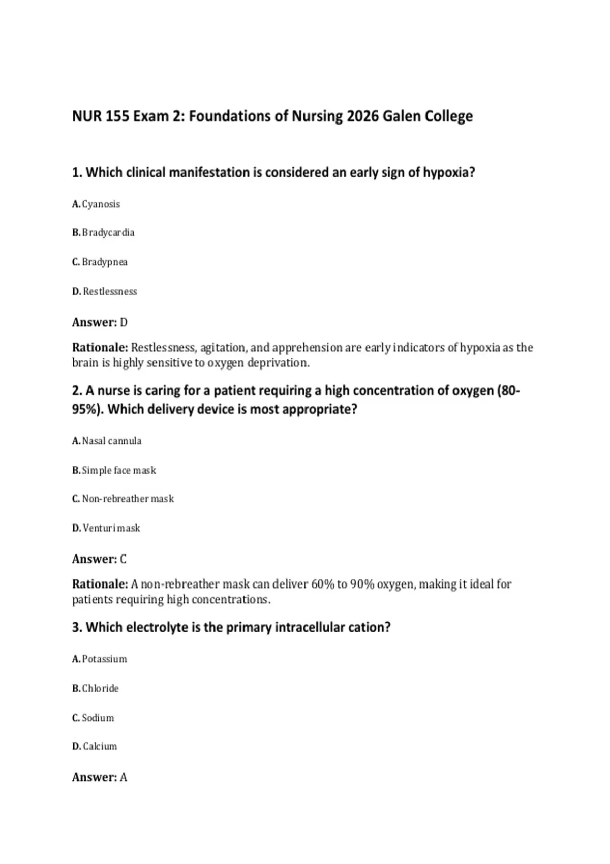 NUR 155 Exam 2: Foundations of Nursing 2026 Galen College - NUR 155 ...