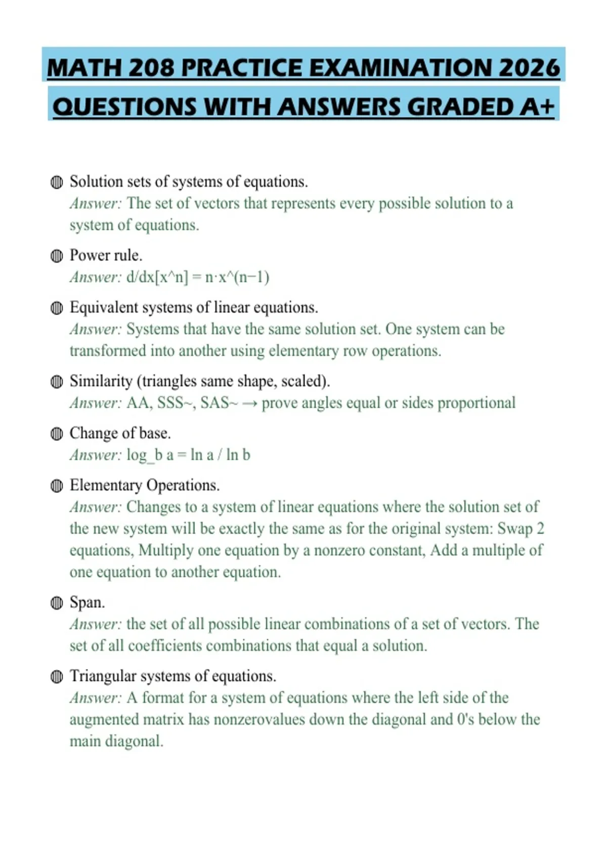 MATH 208 PRACTICE EXAMINATION 2026 QUESTIONS WITH ANSWERS GRADED A+ ...
