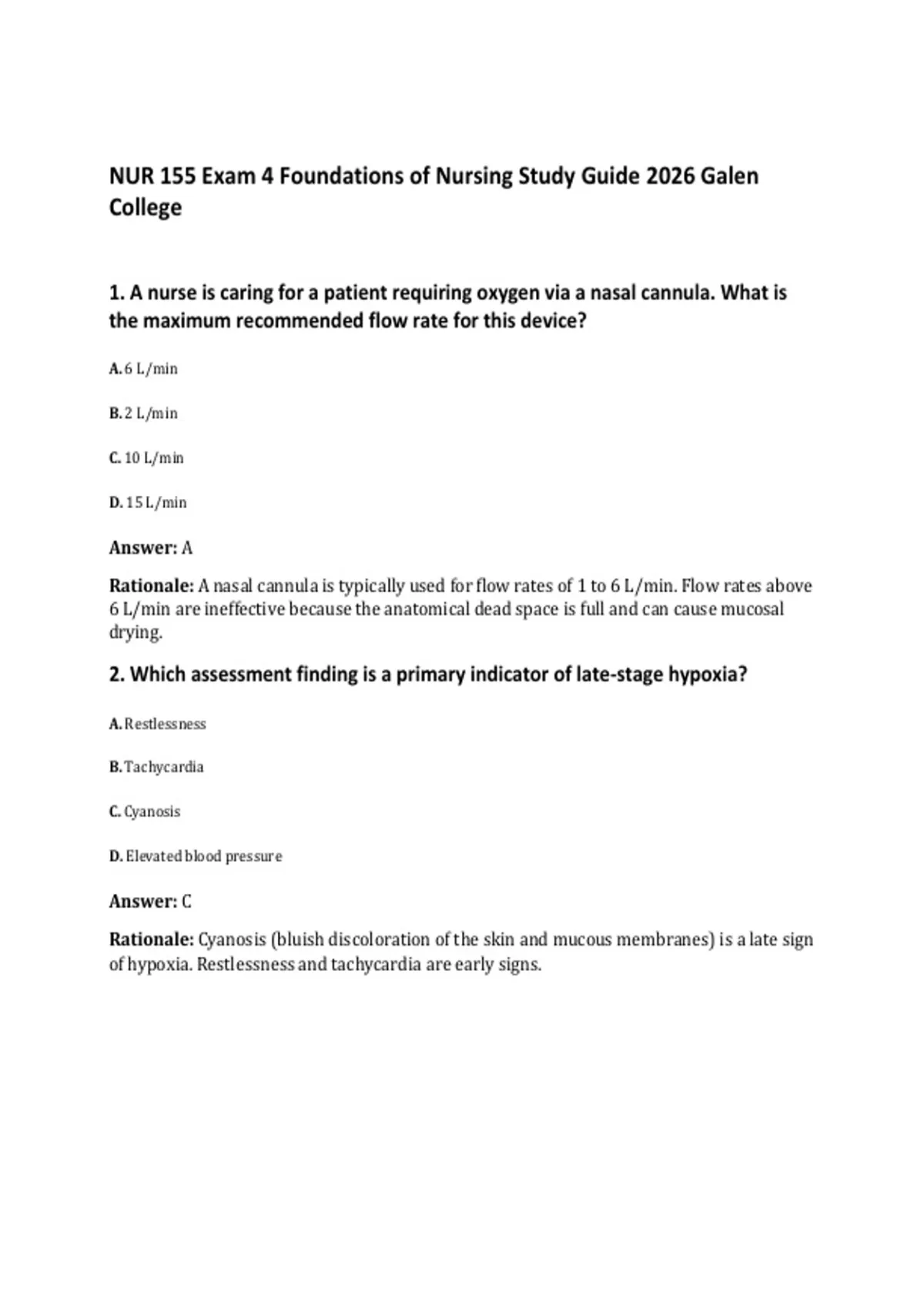 NUR 155 Exam 4 Foundations of Nursing Study Guide 2026 Galen College ...