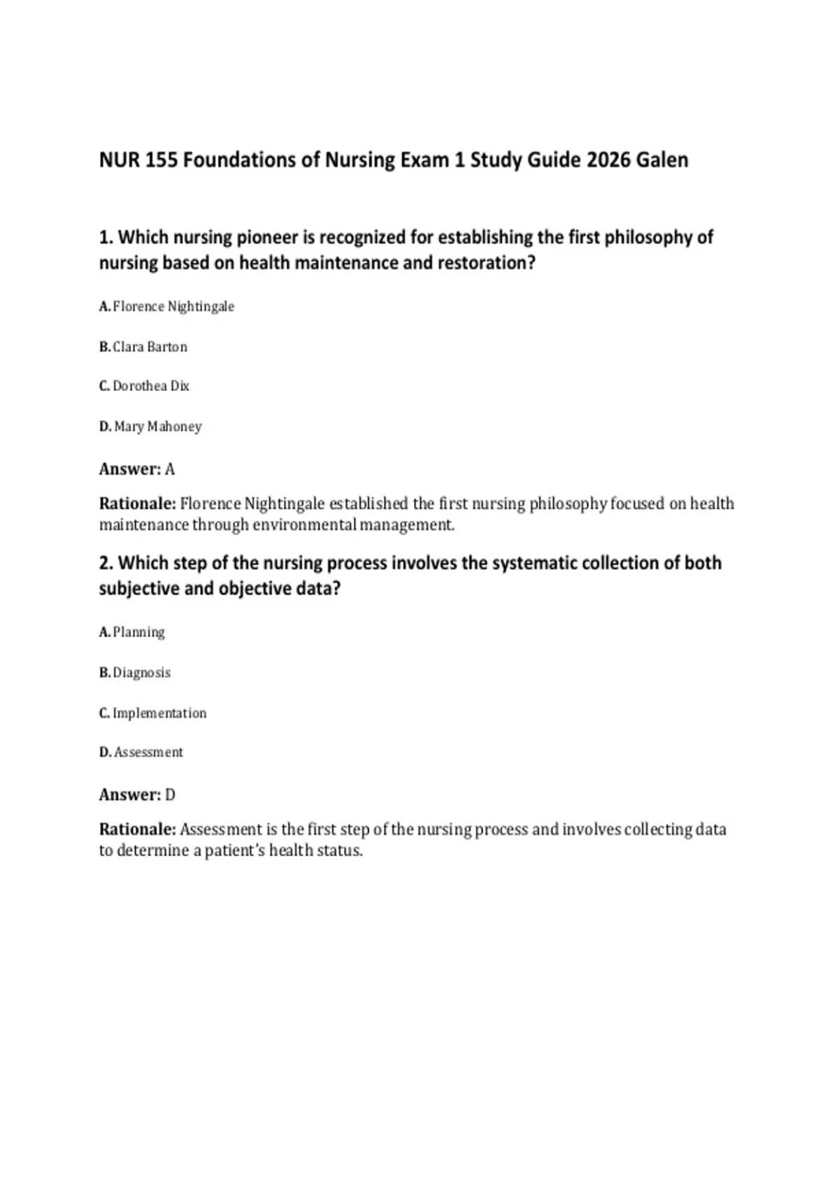 NUR 155 Foundations of Nursing Exam 1 Study Guide 2026 Galen - NUR 155 ...
