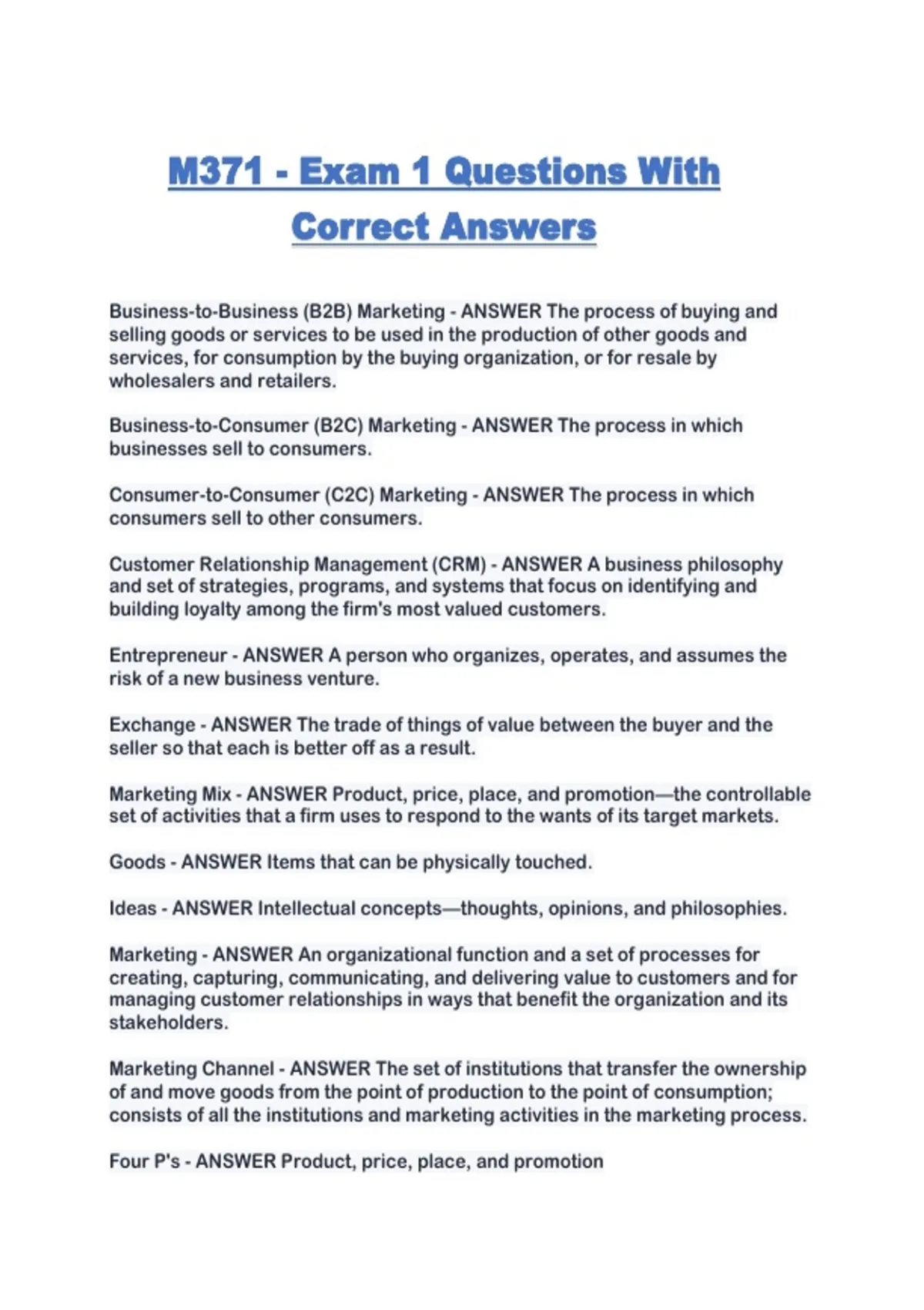 M371 - Exam 1 Questions With Correct Answers - M371 - Stuvia US