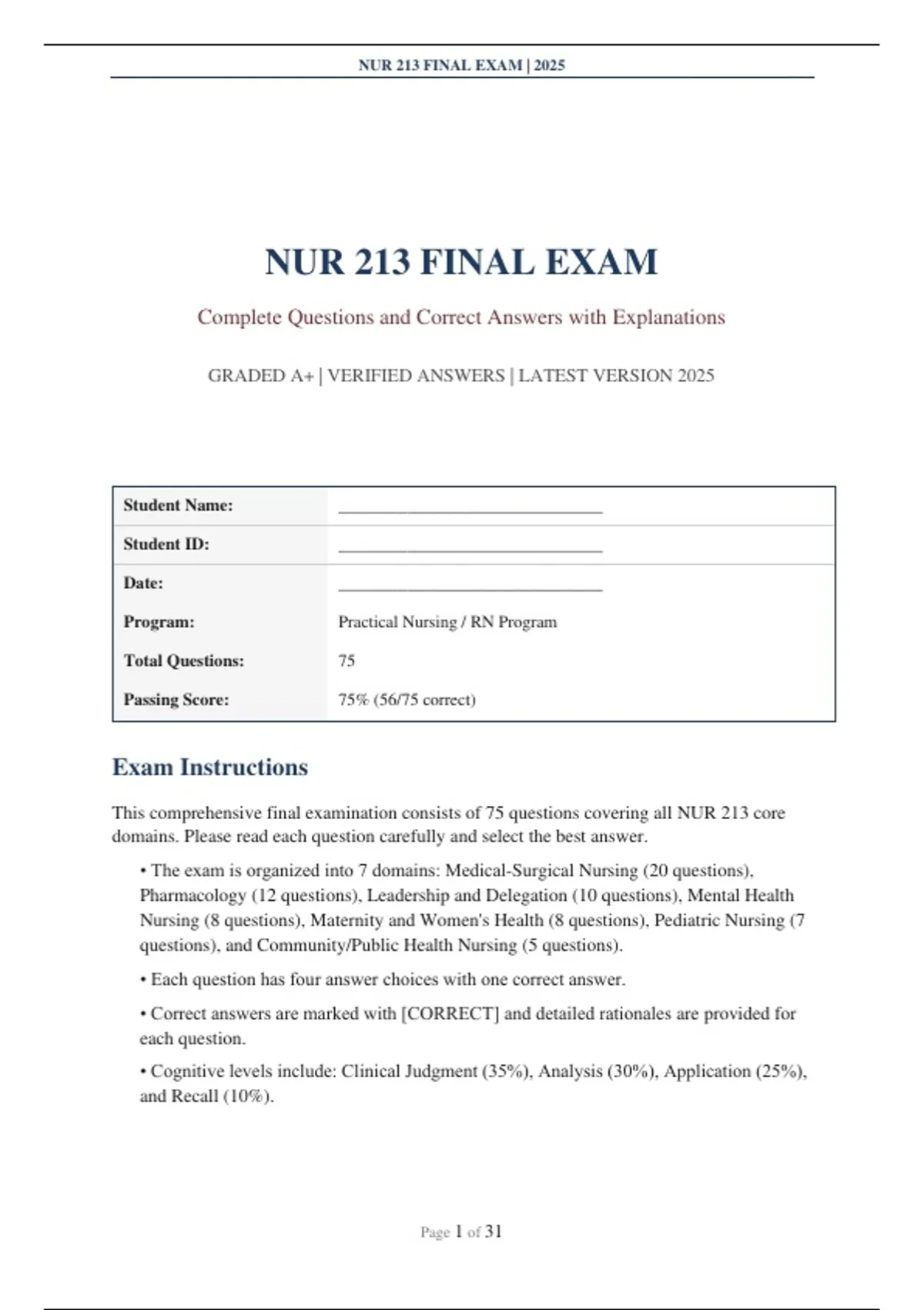 NUR 213 FINAL EXAM 2025 | Complete Questions and Correct Answers with ...