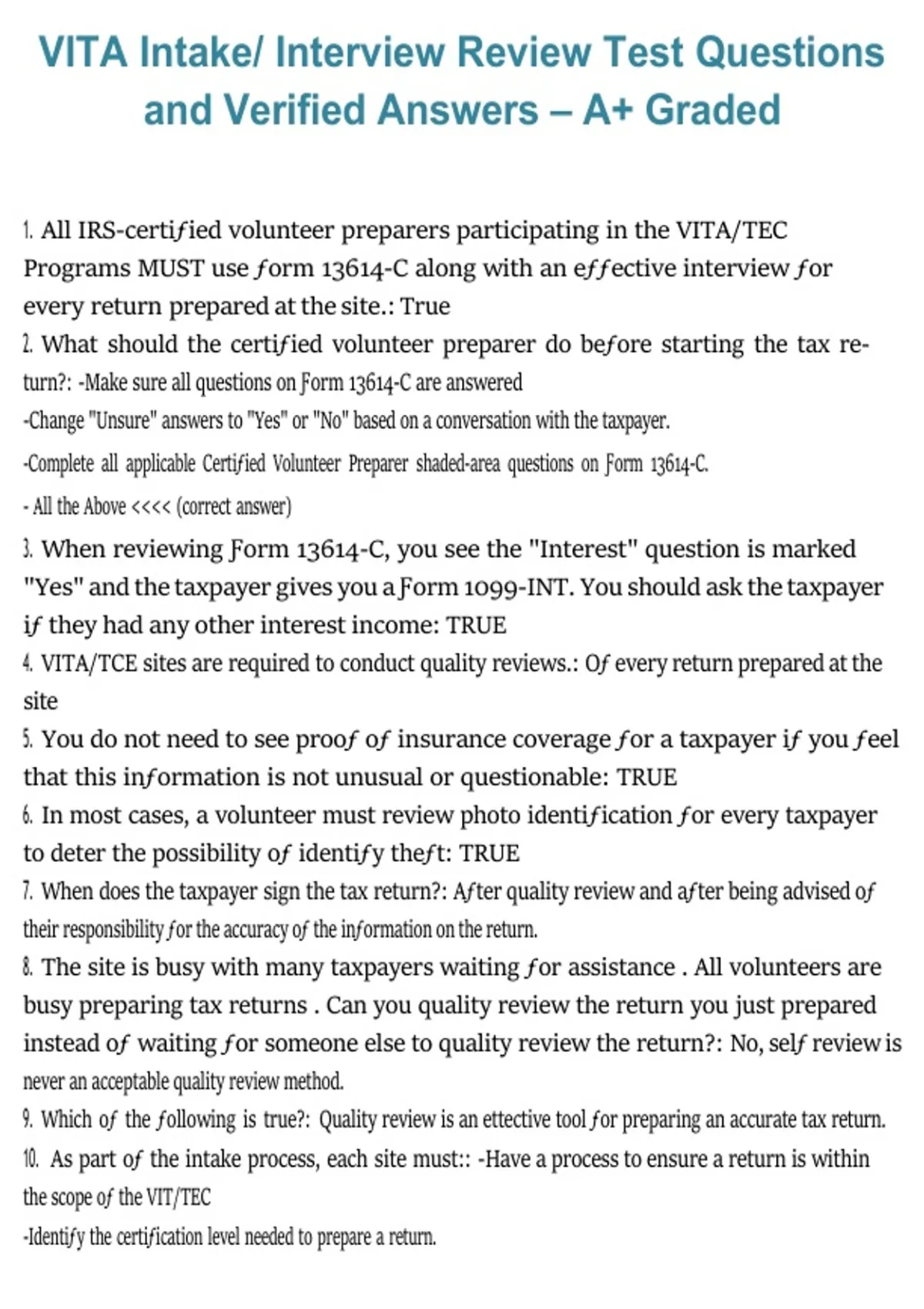VITA Intake/Interview Review Test – 2026/2027 | Questions with verified ...