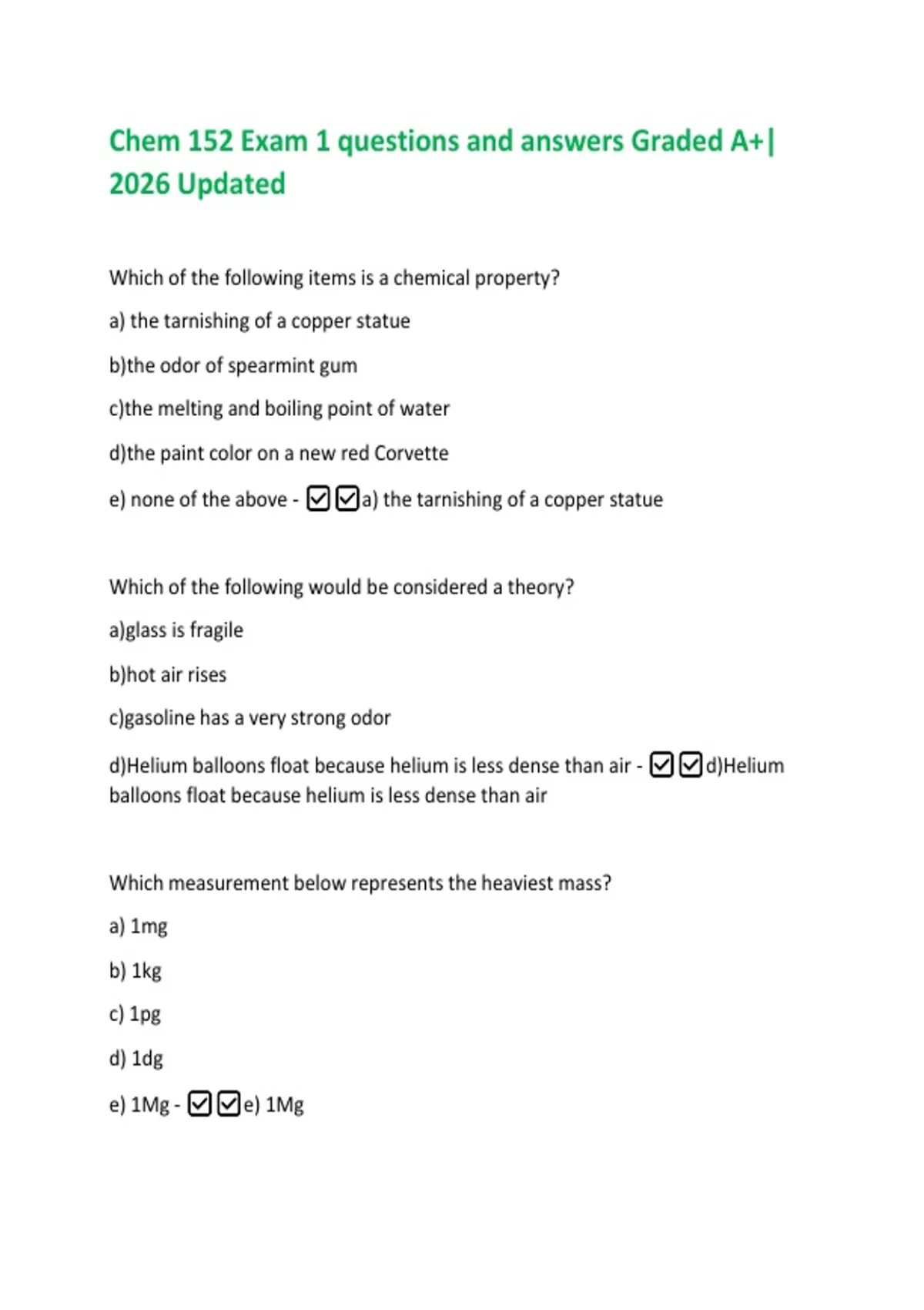 Chem 152 Exam 1 questions and answers Graded A+| 2026 Updated Which of ...