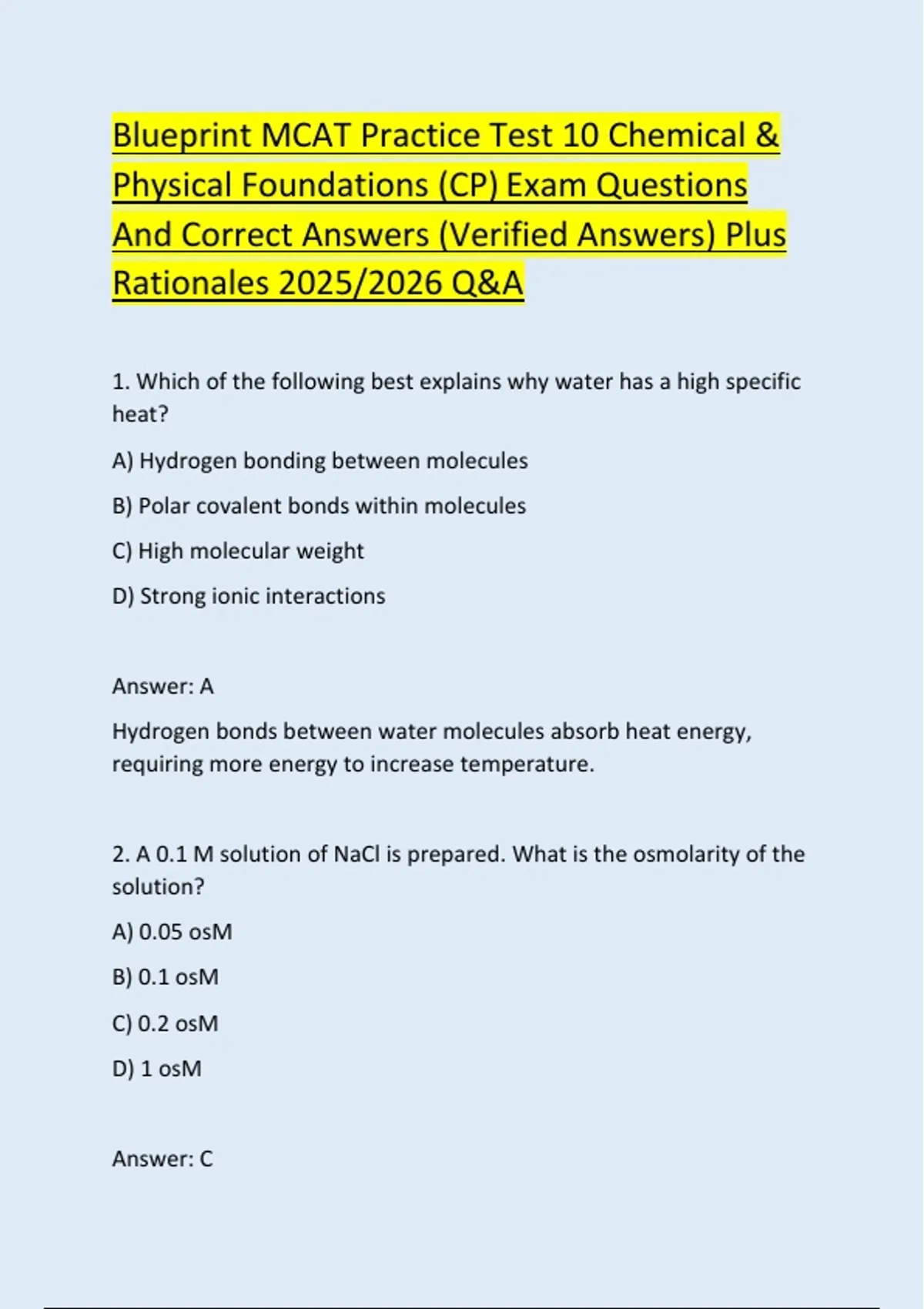 Blueprint MCAT Practice Test 10 Chemical & Physical Foundations (CP ...