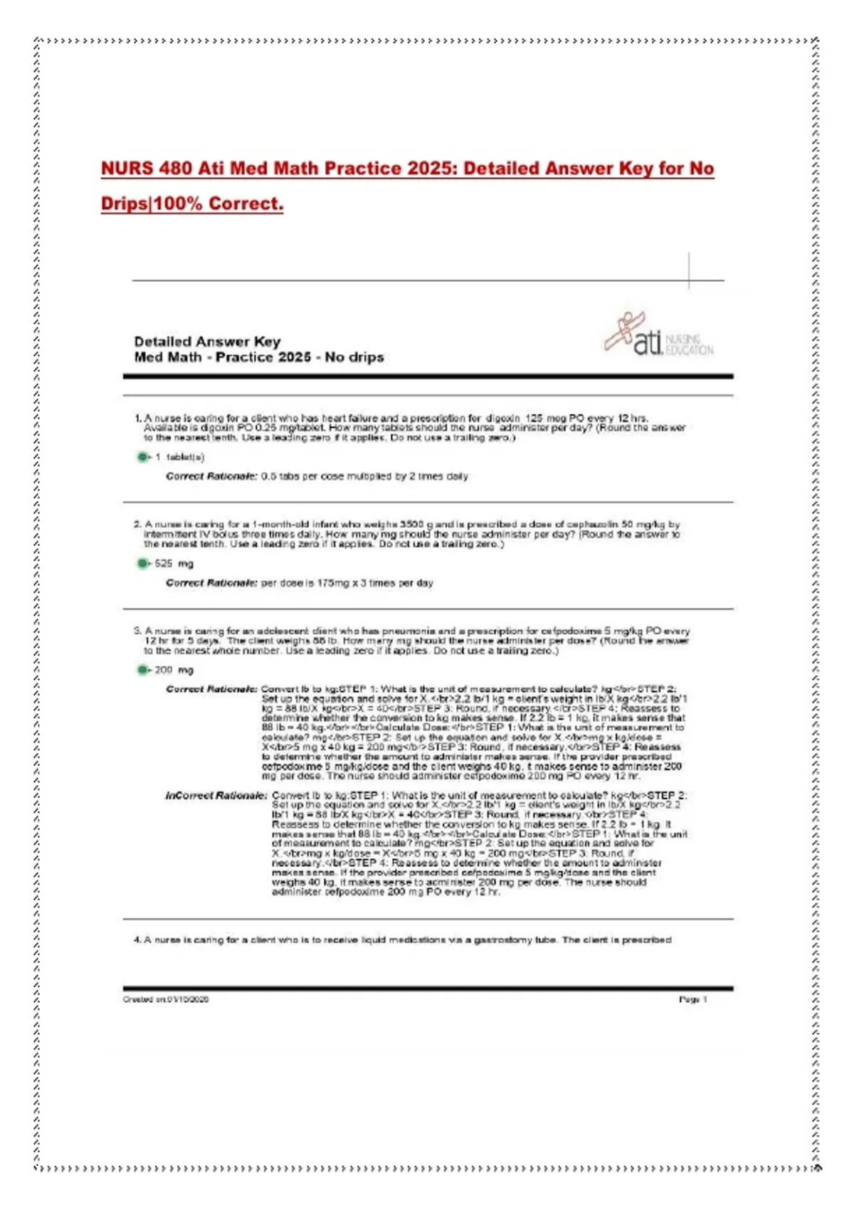 NURS 480 Ati Med Math Practice 2025: Detailed Answer Key for No Drips ...