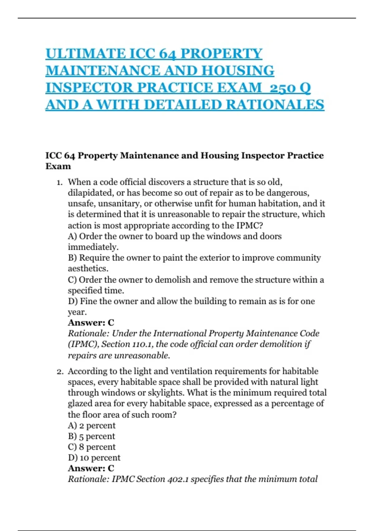 ULTIMATE ICC 64 PROPERTY MAINTENANCE AND HOUSING INSPECTOR PRACTICE EXAM 250 Q AND A WITH ...