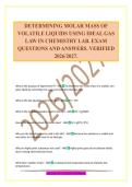 DETERMINING MOLAR MASS OF VOLATILE LIQUIDS USING IDEAL GAS LAW IN CHEMISTRY LAB&period; EXAM QUESTIONS AND ANSWERS&period; VERIFIED 2026&sol;2027&period;