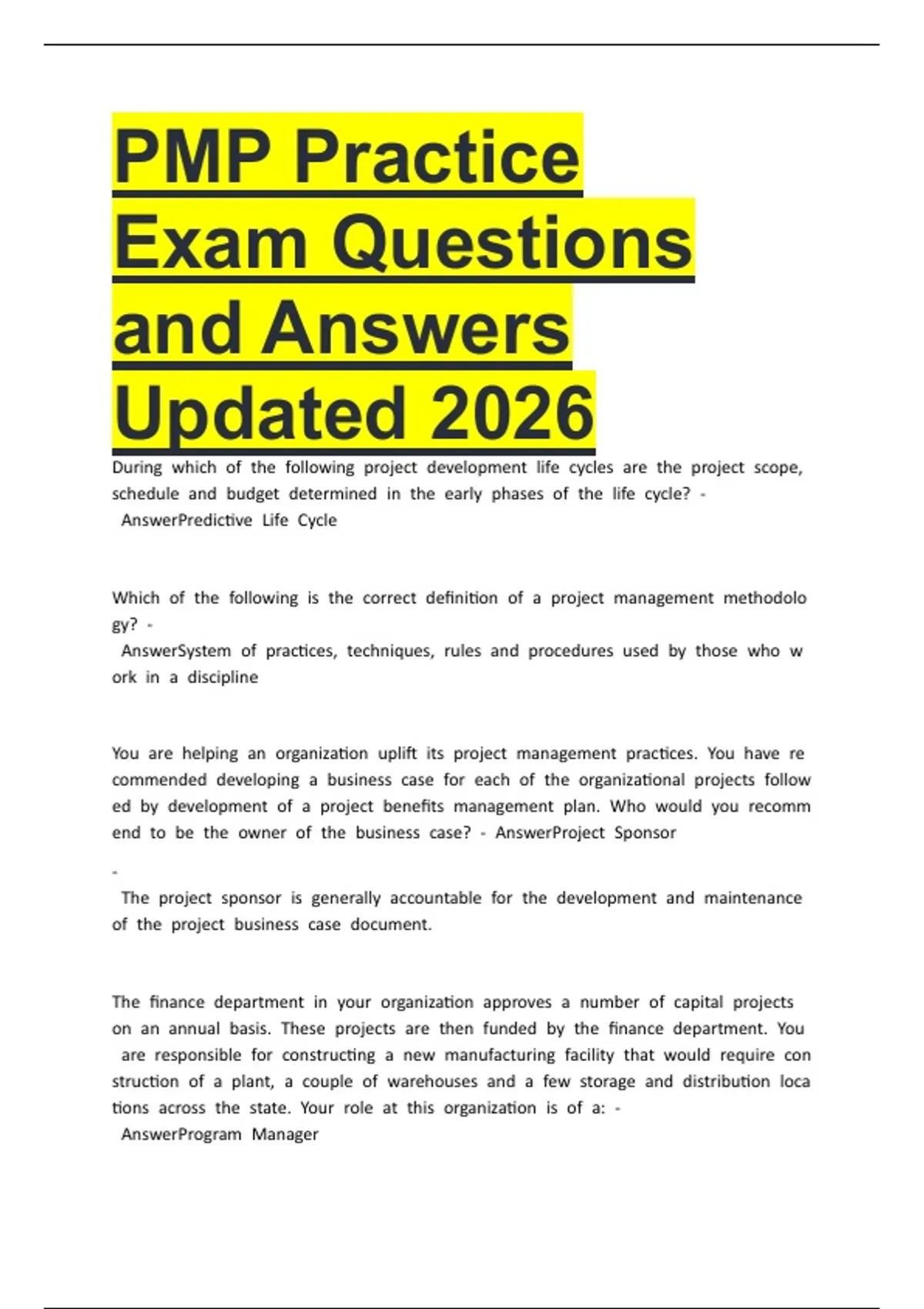 PMP Practice Exam Questions and Answers Updated 2026 - PMP - Project ...