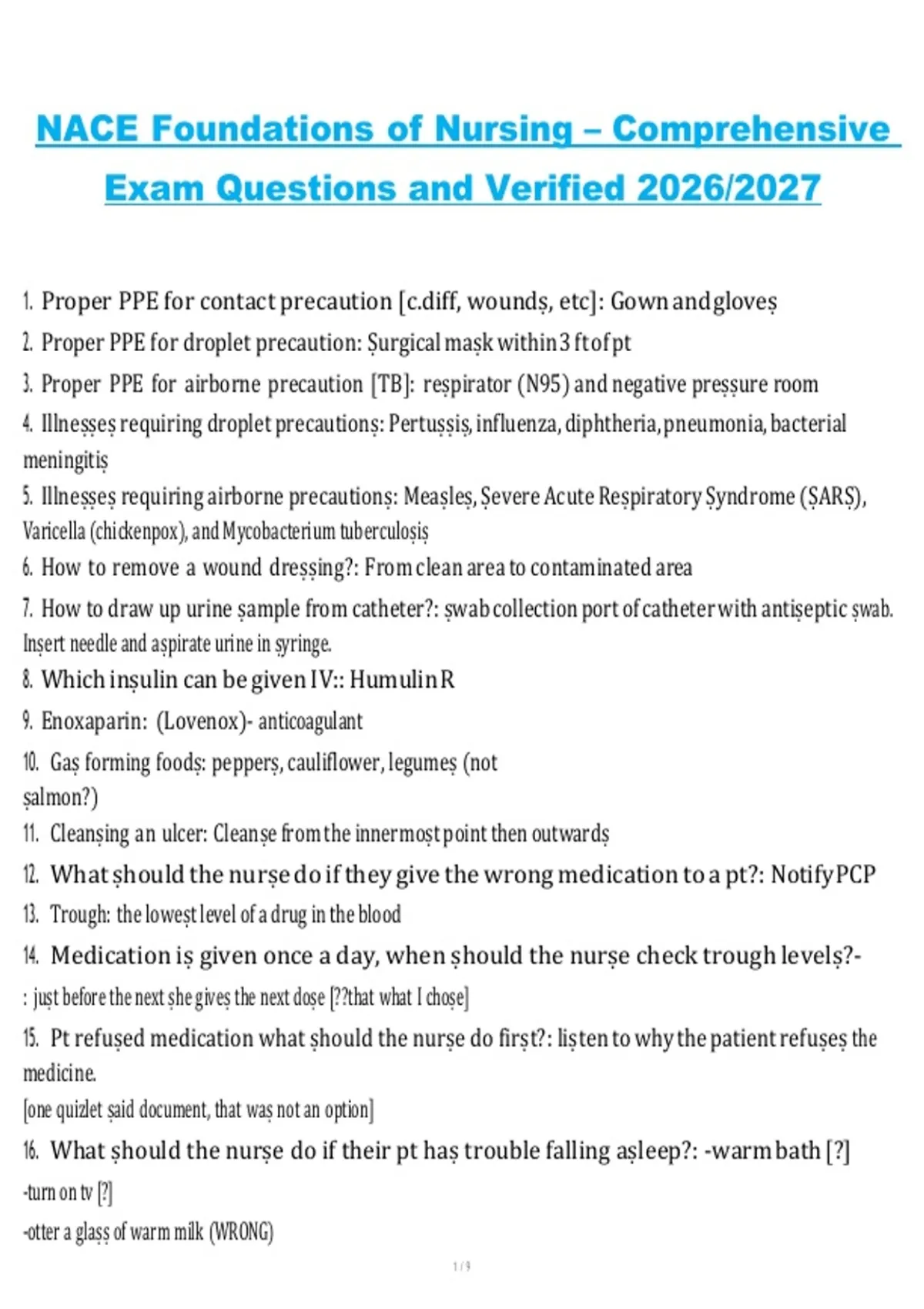 NACE Foundations of Nursing – 2026/2027 | Comprehensive exam questions ...
