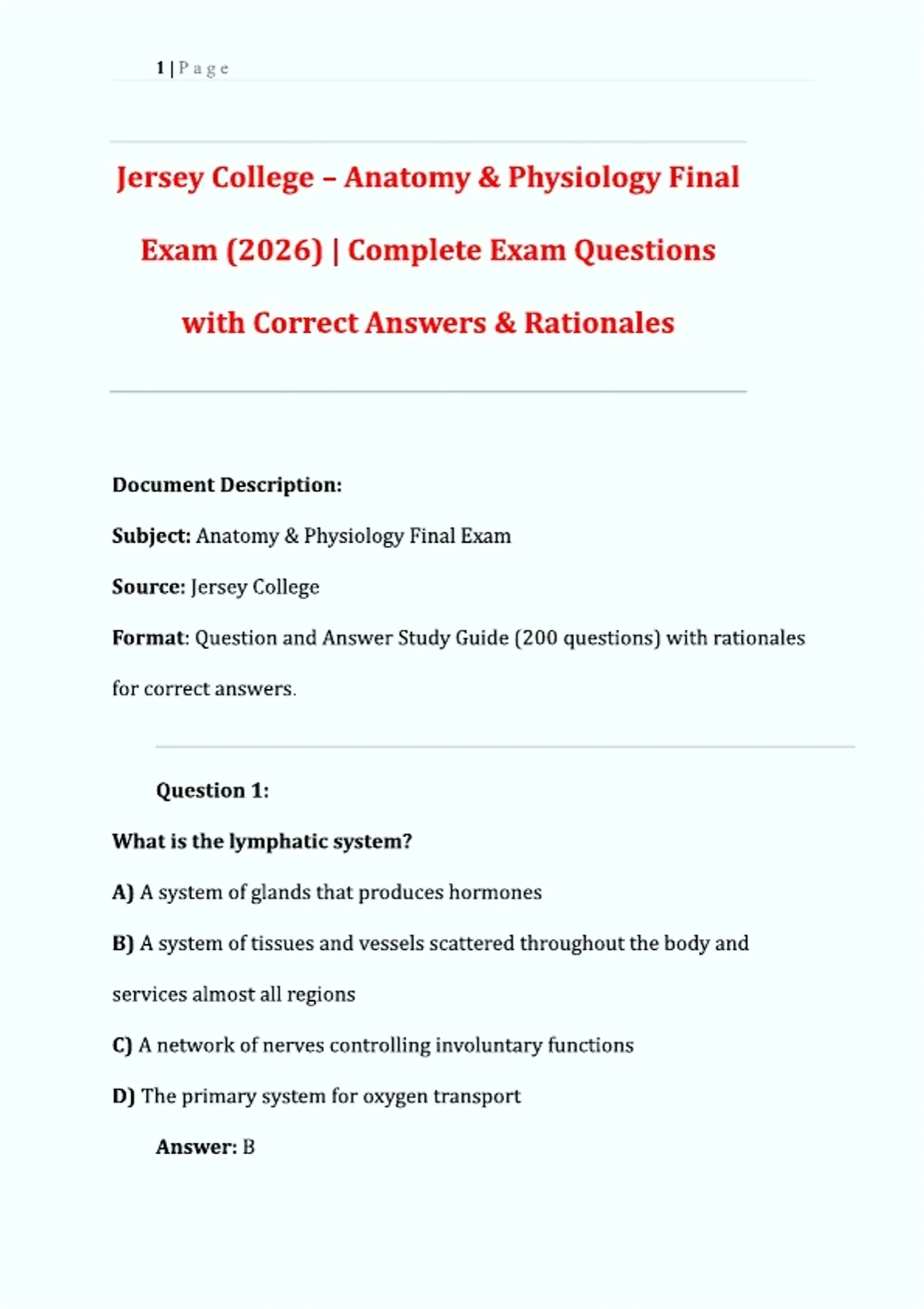 Jersey College Anatomy &amp; Physiology Final Exam 2026 | Complete Exam Questions with Correct ...