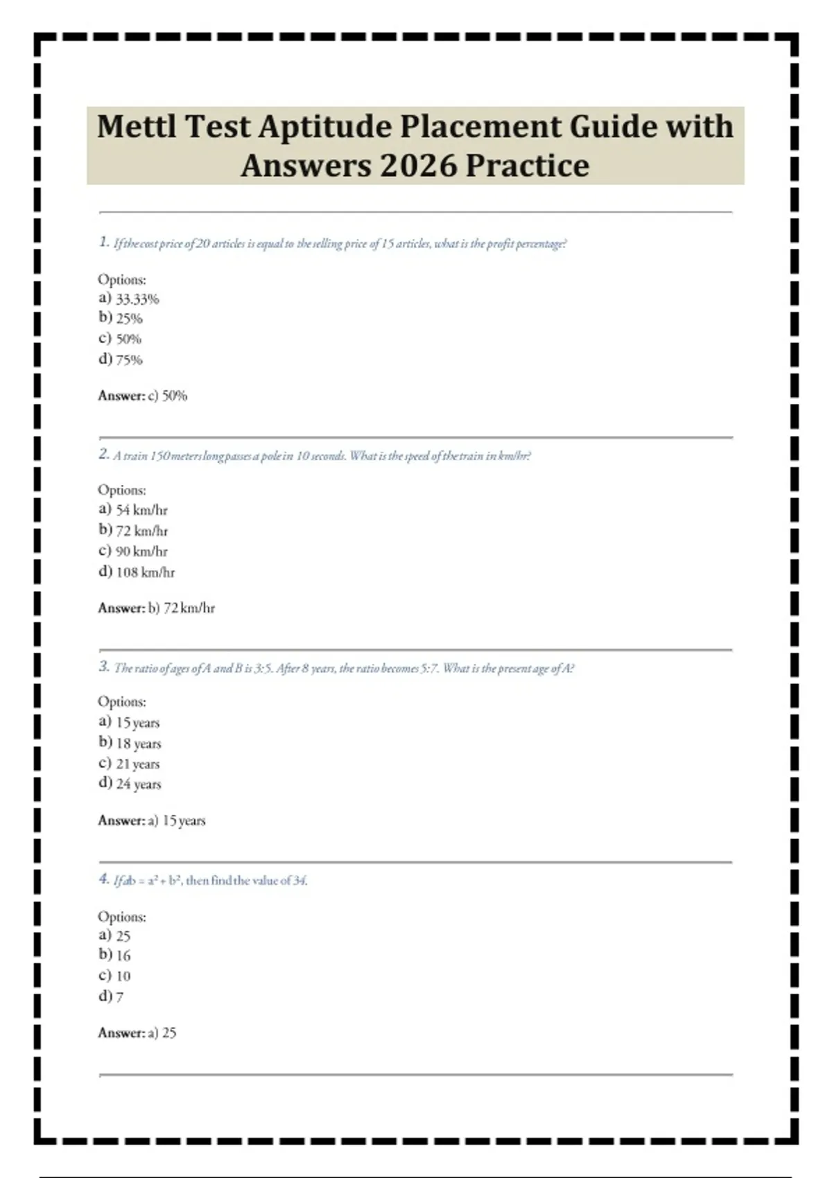 Mettel Question Format Mettl Test Aptitude Placement Guide with Answers 2026 Practice - Mettl ...