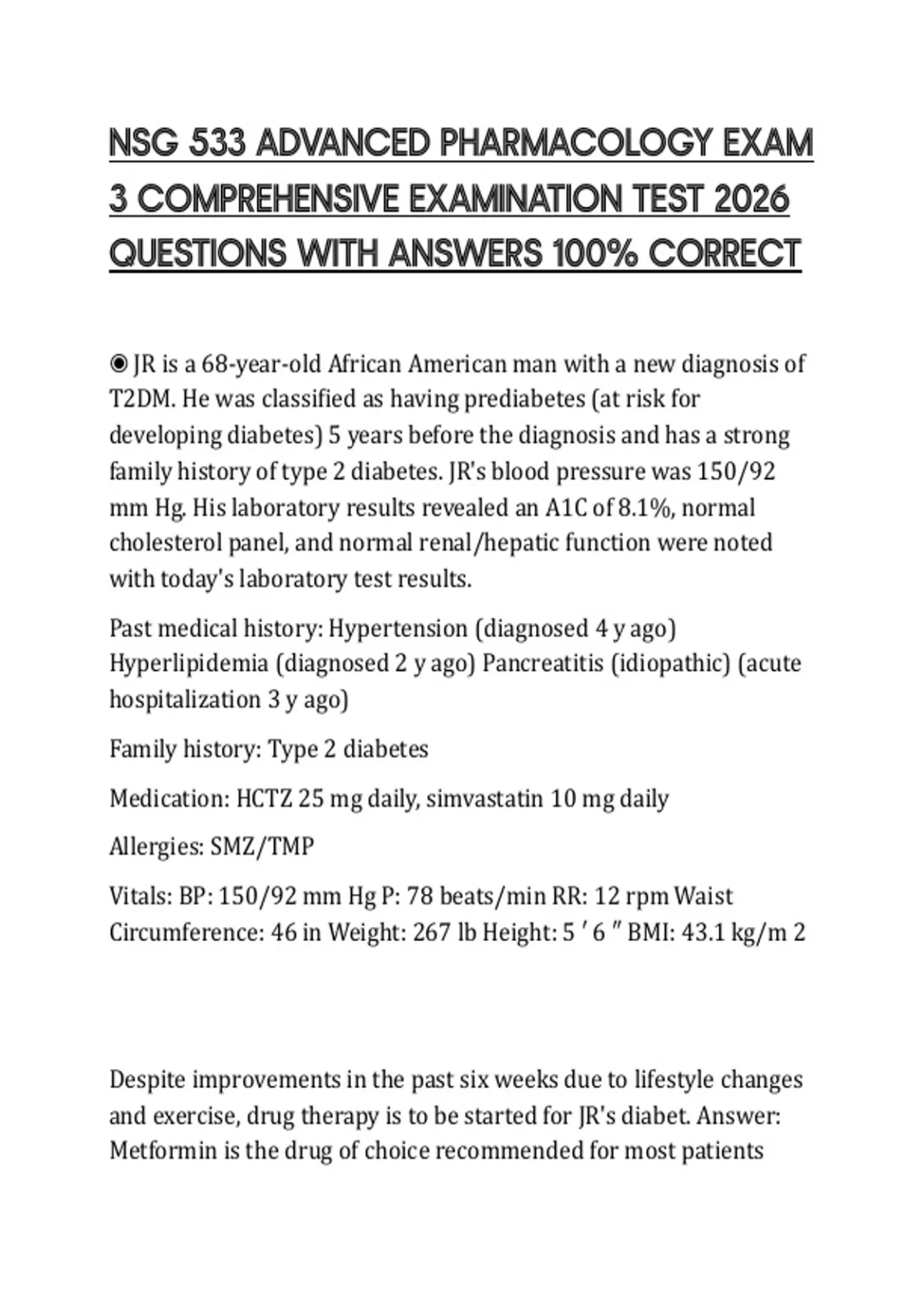 NSG 533 ADVANCED PHARMACOLOGY EXAM 3 COMPREHENSIVE EXAMINATION TEST ...