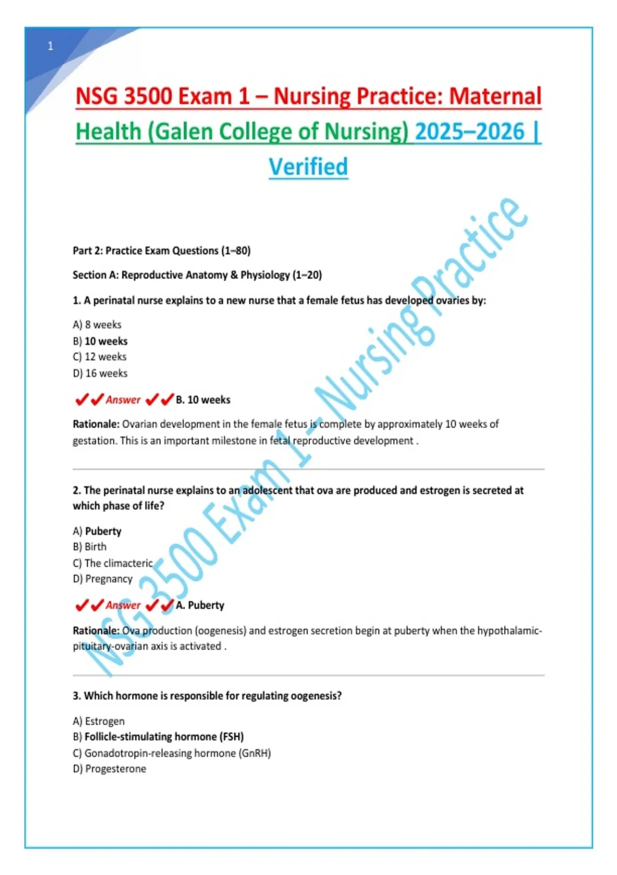 NSG 3500 Exam 1 – Nursing Practice: Maternal Health (Galen College of ...