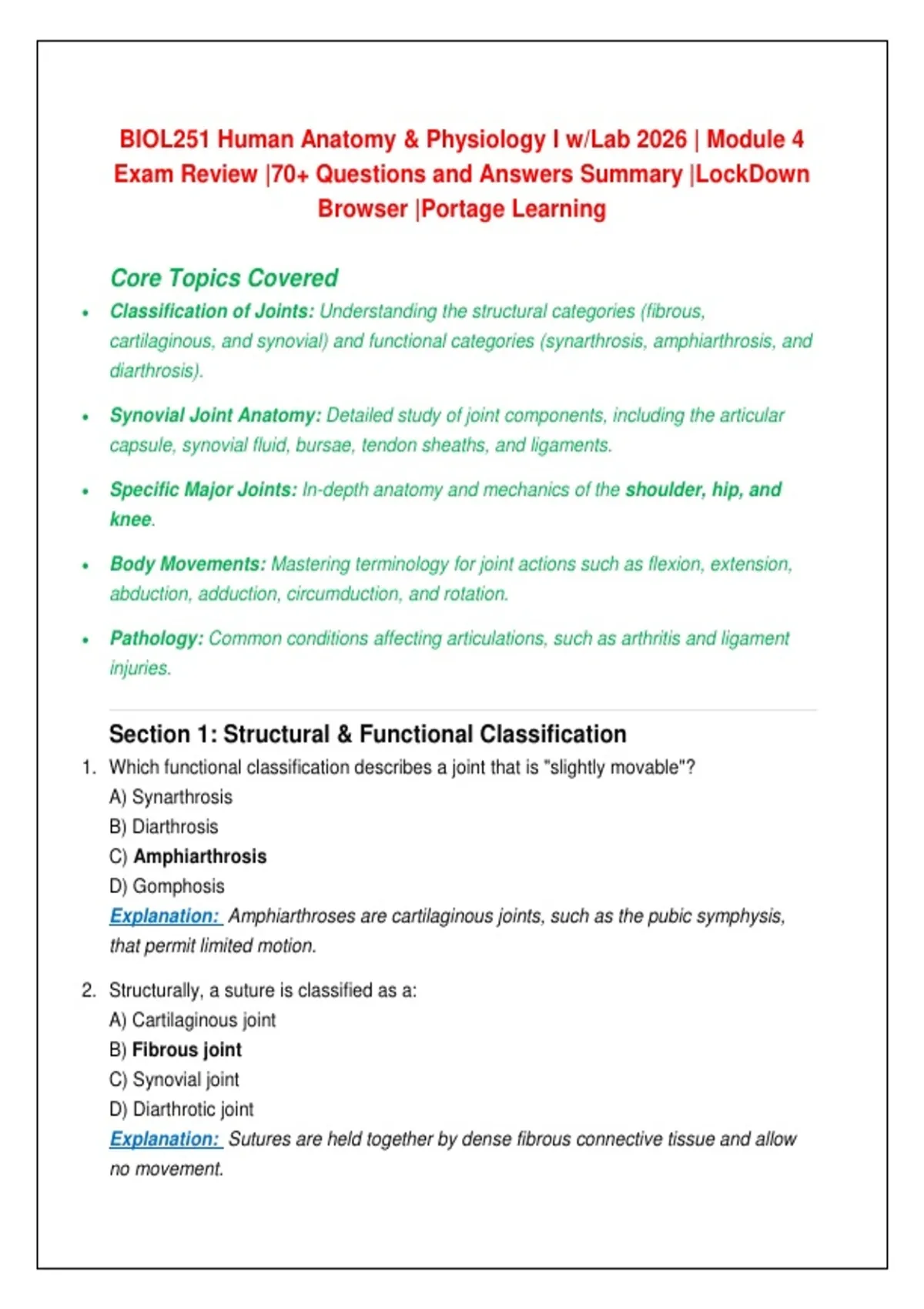 BIOL251 Human Anatomy & Physiology I w/Lab 2026 | Module 4 Exam Review ...