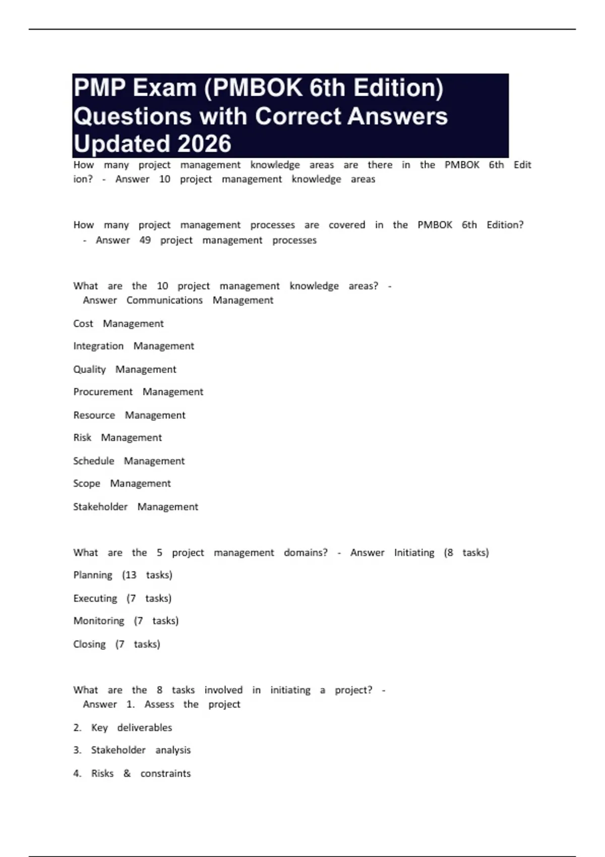 PMP Exam (PMBOK 6th Edition) Questions with Correct Answers Updated ...
