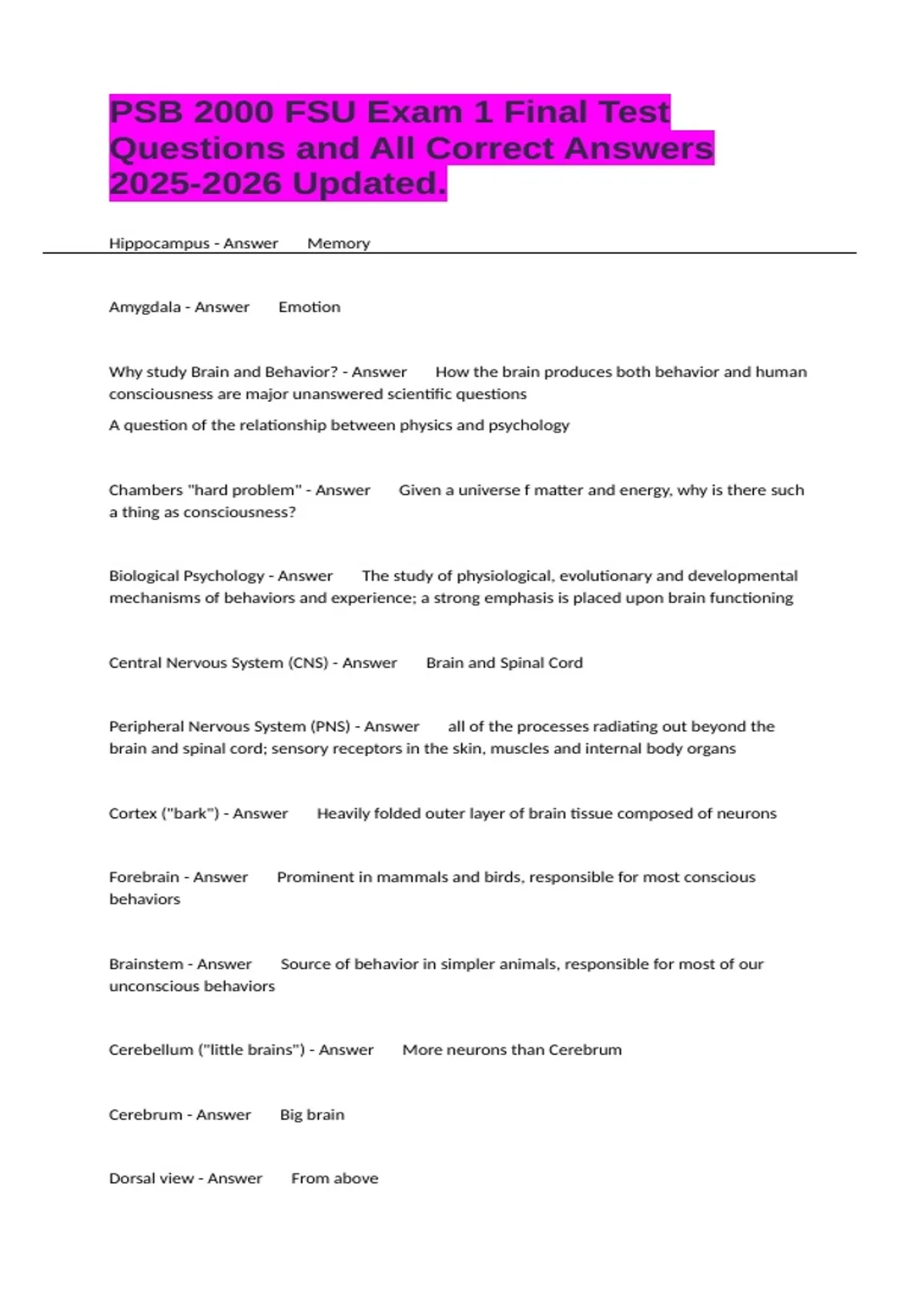 PSB 2000 FSU Exam 1 Final Test Questions and All Correct Answers ...