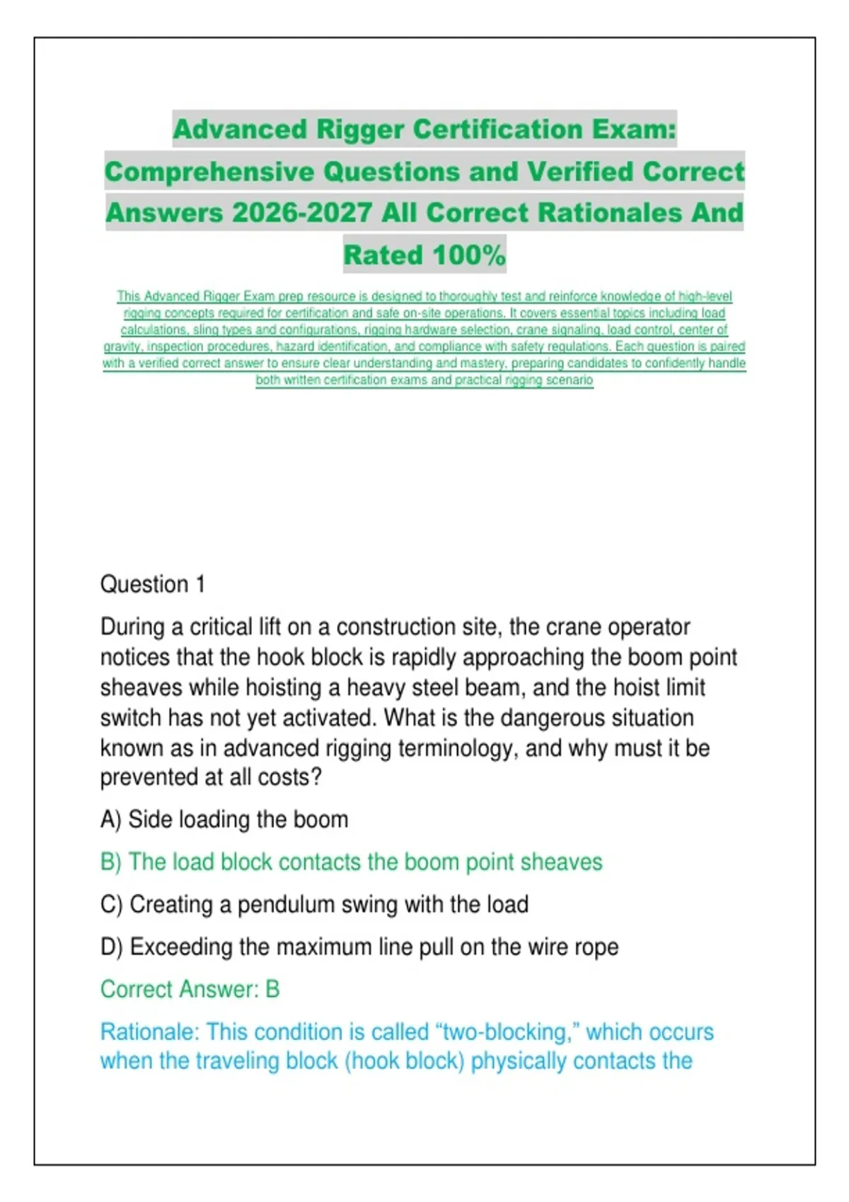 Advanced Rigger Certification Exam : Comprehensive Questions, Verified ...