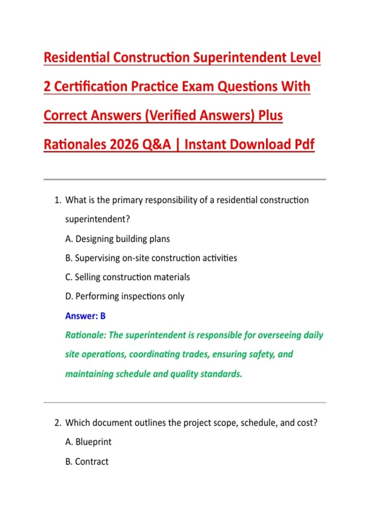 Residential Construction Superintendent Level 2 Certification Practice ...