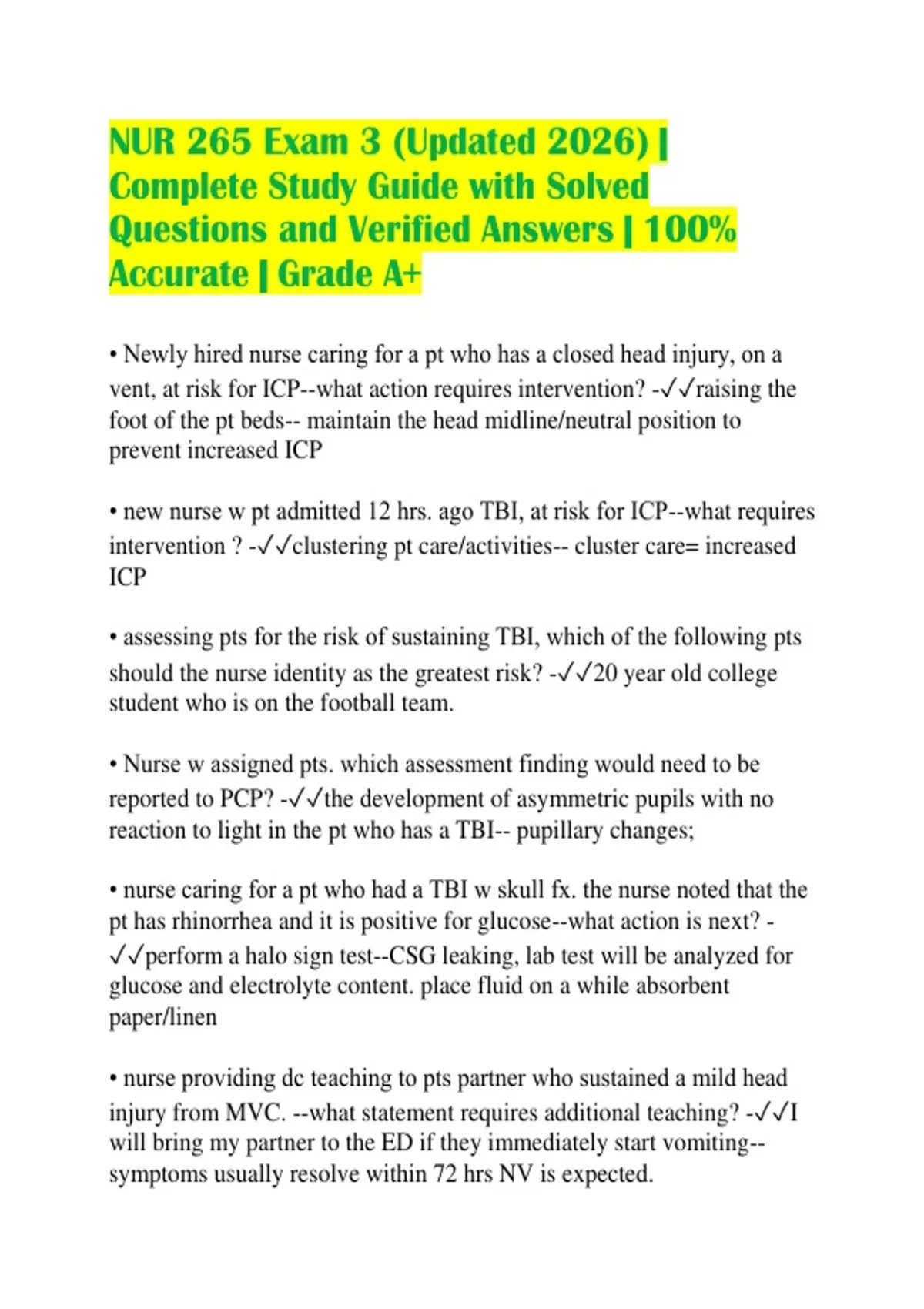 NUR 265 Exam 3 (Updated 2026) | Complete Study Guide with Solved ...