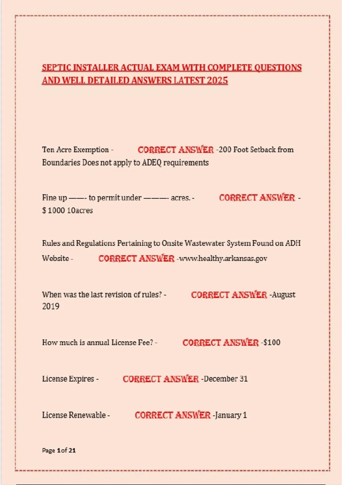 SEPTIC INSTALLER ACTUAL EXAM WITH COMPLETE QUESTIONS AND WELL DETAILED ANSWERS LATEST 2025 ...