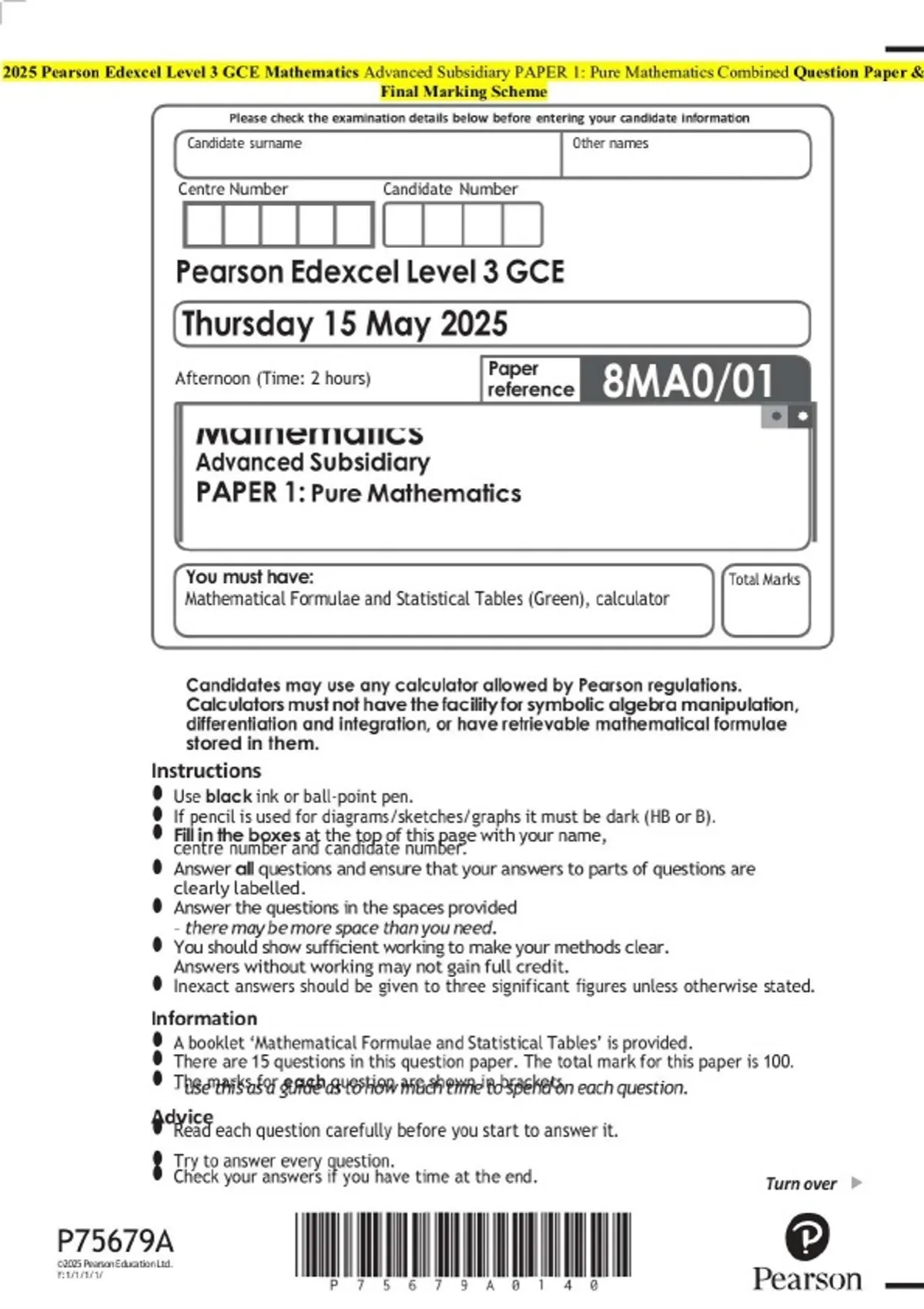 2025 Pearson Edexcel Level 3 GCE Mathematics Advanced Subsidiary PAPER ...