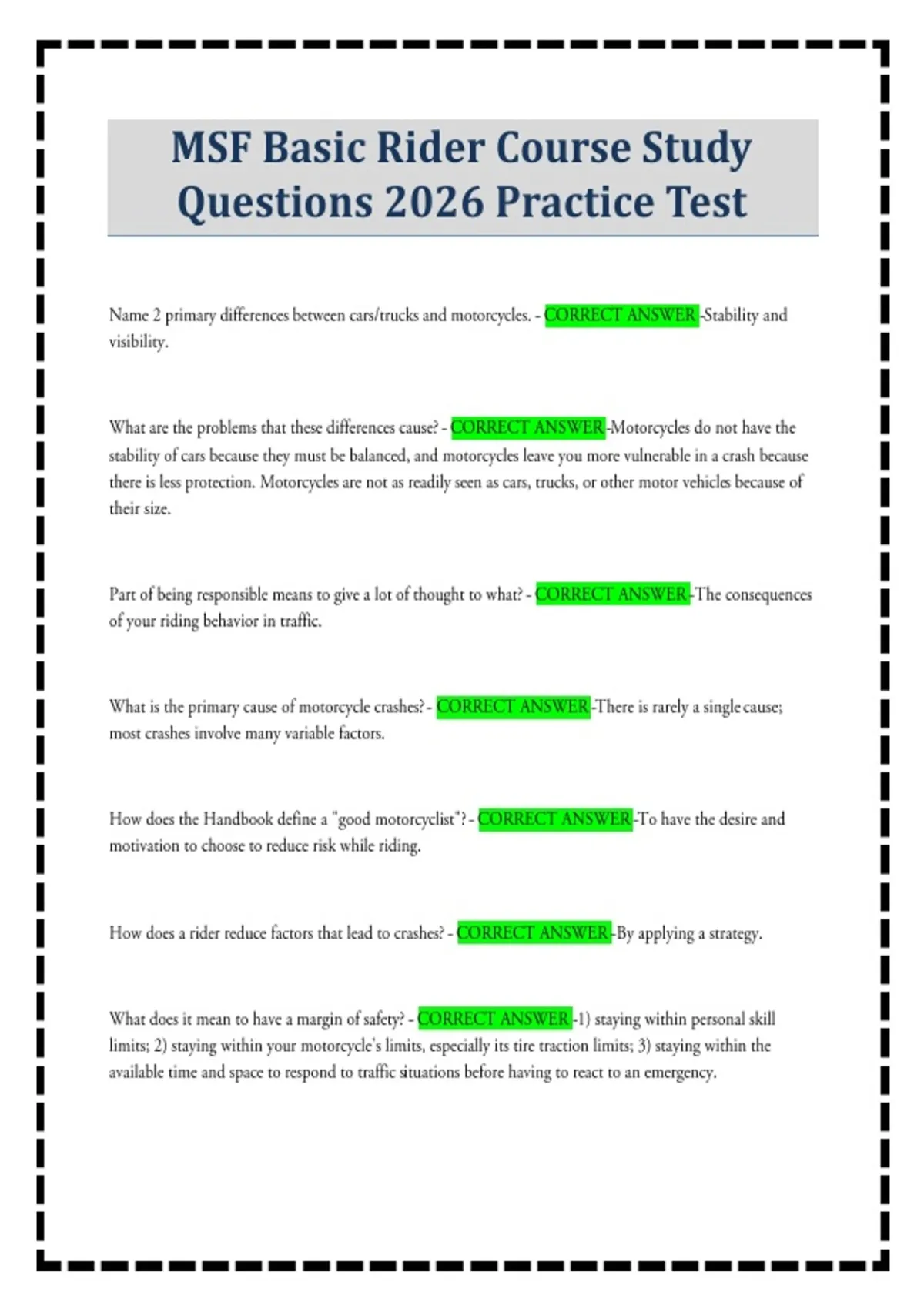Basic Riders Course Book MSF Basic Rider Course Study Questions 2026 Practice Test - Basic Rider ...