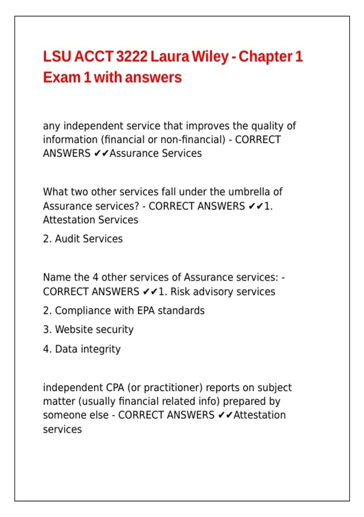 Laura Wiley LSU ACCT 3222 Laura Wiley - Chapter 1 Exam 1 with answers - ACCT 3222 ...