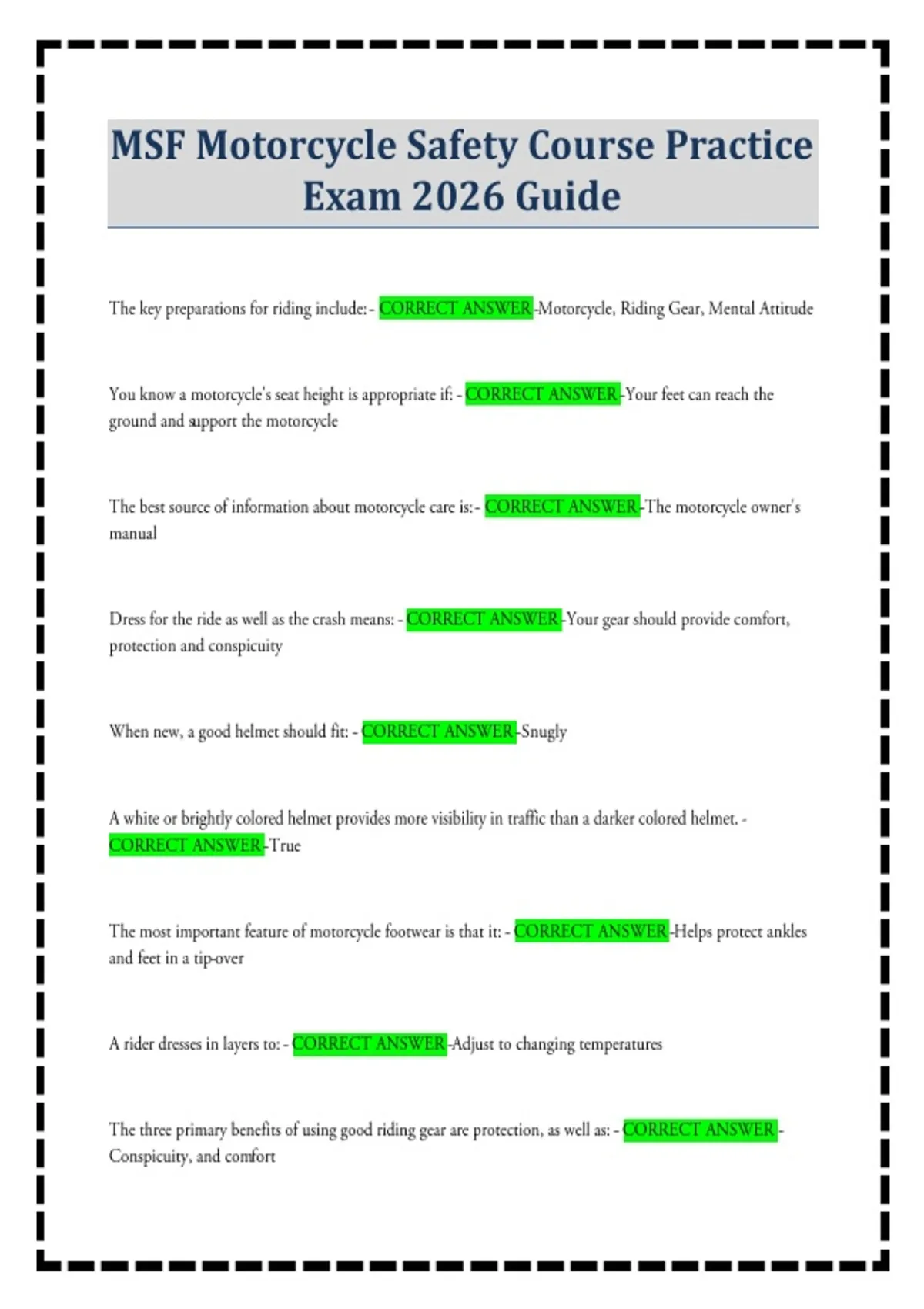 Msf Course Test MSF Motorcycle Safety Course Practice Exam 2026 Guide - Basic Rider ...