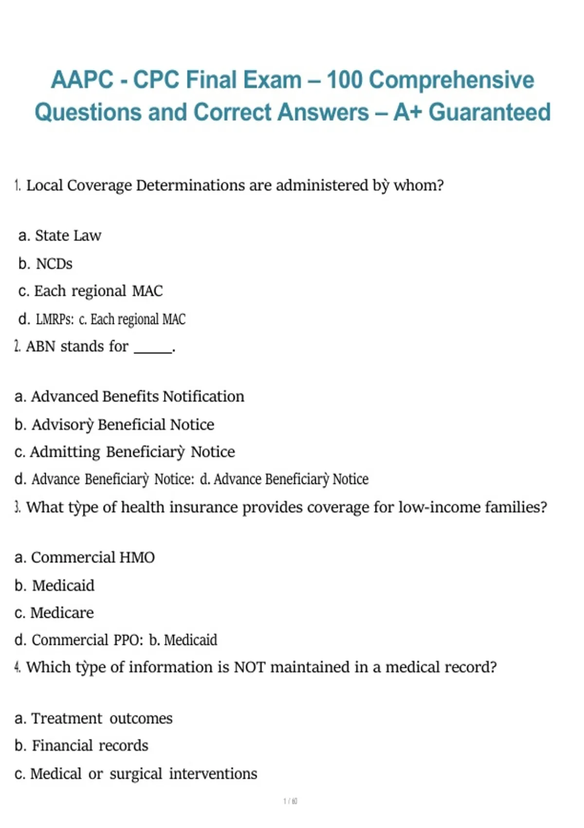 AAPC CPC Final Exam 2026/2027 – 100 Comprehensive Questions and Correct ...
